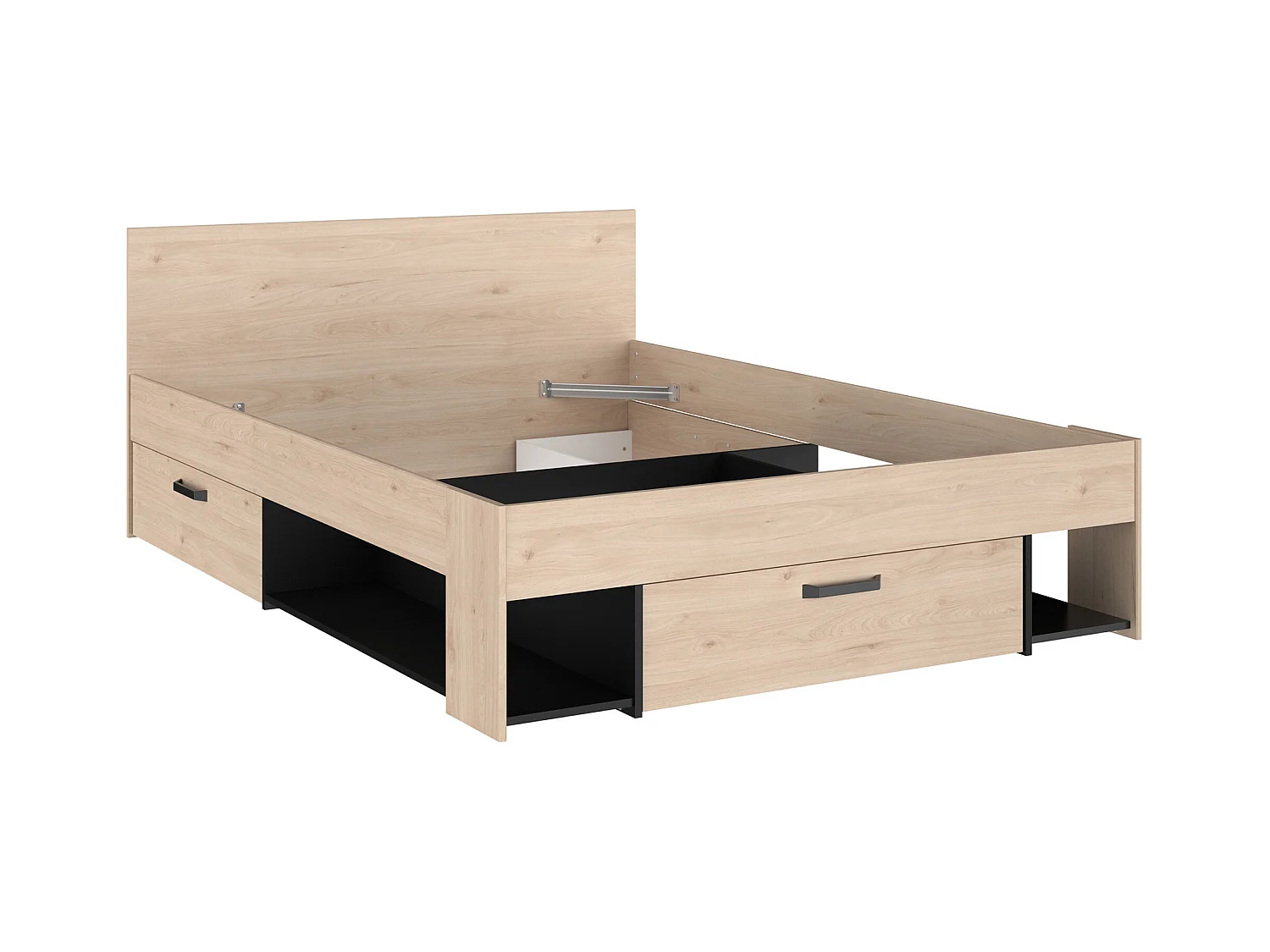 Cama 140 x 190/200 cm con almacenamiento - Color: Natural y negro + Somier + Colchón - KINSELIA