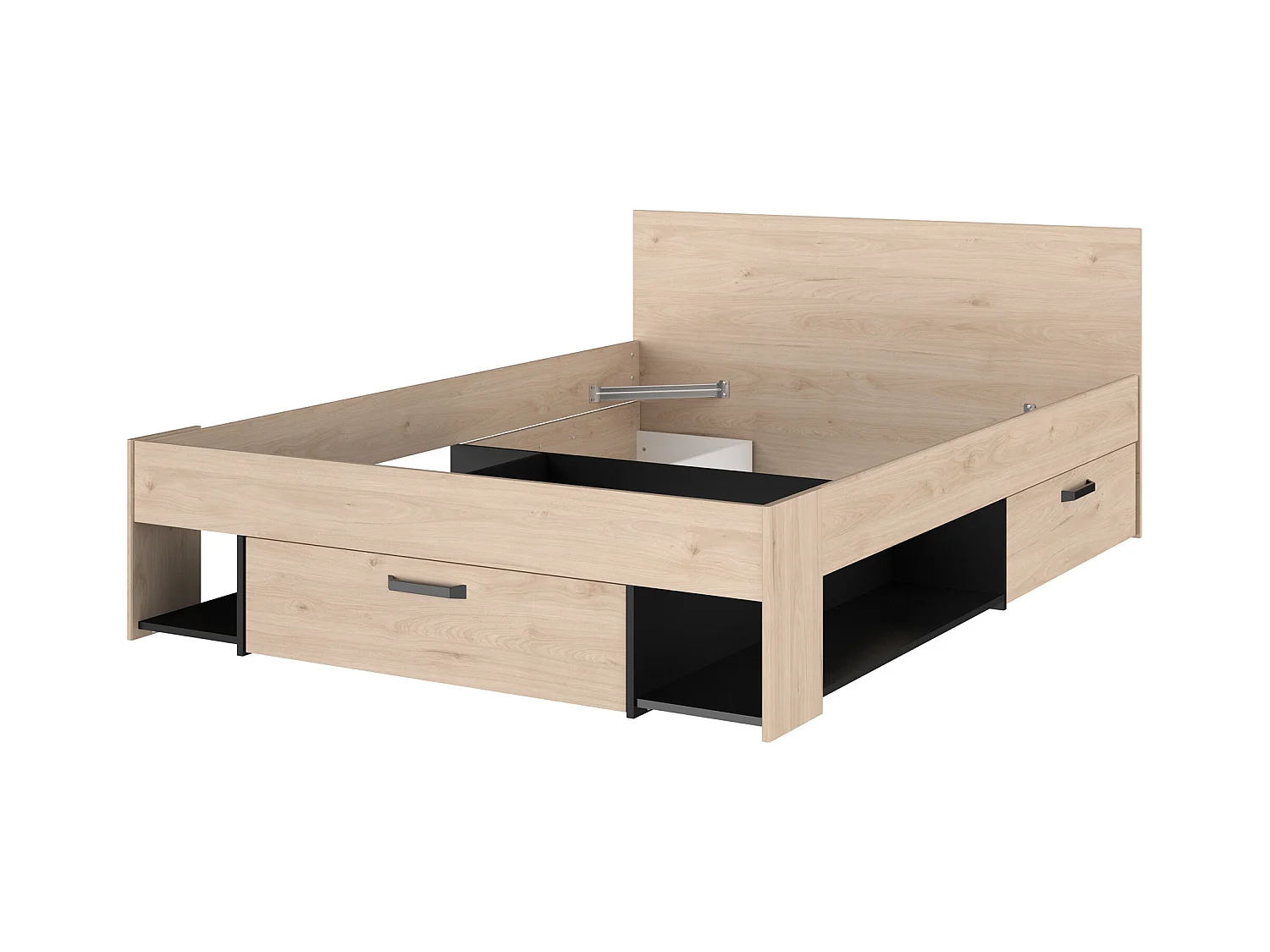 Cama 140 x 190/200 cm con almacenamiento - Color: Natural y negro + Somier + Colchón - KINSELIA
