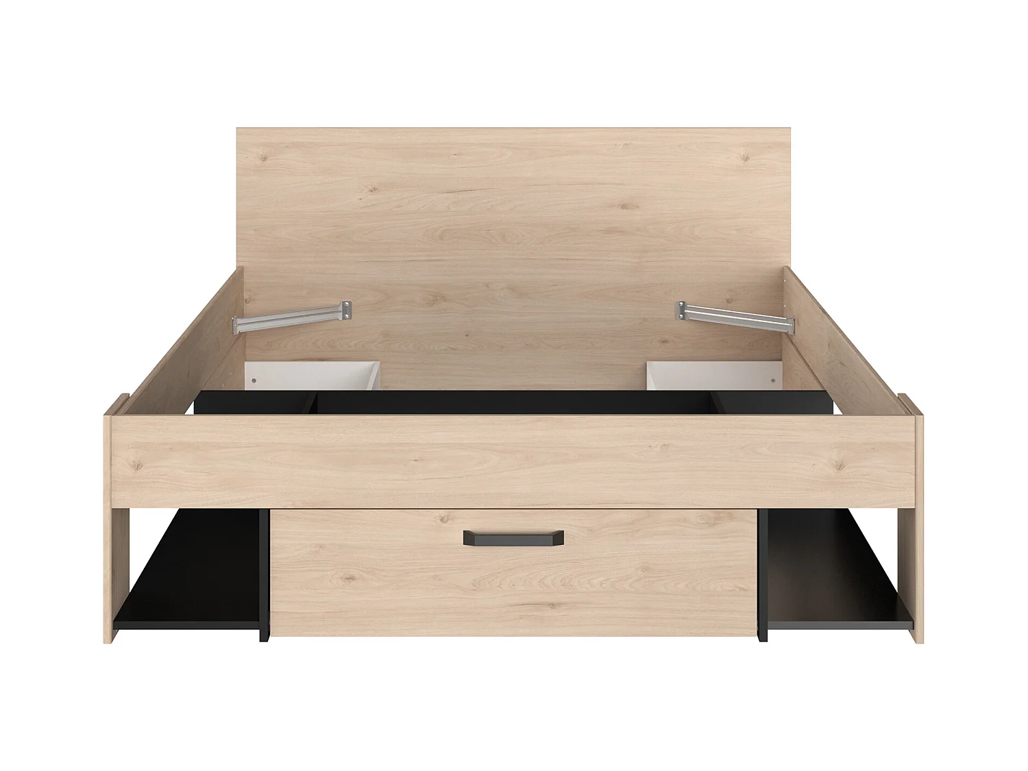 Cama 140 x 190/200 cm con almacenamiento - Color: Natural y negro + Somier + Colchón - KINSELIA
