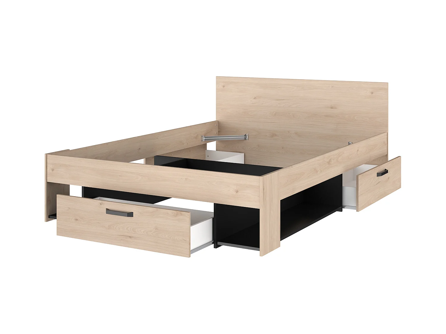 Cama 140 x 190/200 cm con almacenamiento - Color: Natural y negro + Somier + Colchón - KINSELIA