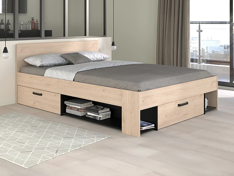 Lit 140 x 190/200 cm avec rangements - Coloris : Naturel et noir + Sommier + Matelas - KINSELIA