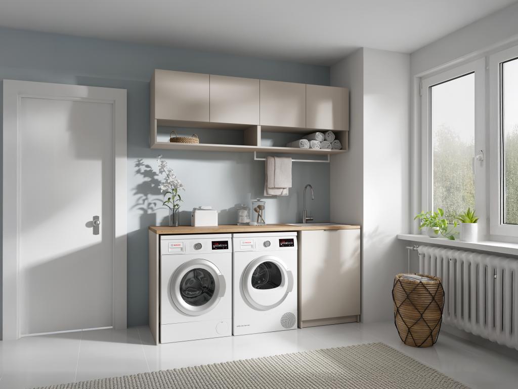 Meubles de buanderie pour machine à laver avec plan de travail - L182 cm - Couleur beige et naturel clair - NATAJI