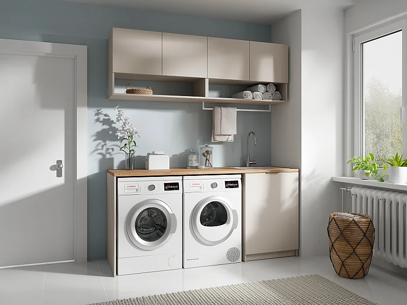 Mobili per lavanderia con lavatrice e piano di lavoro L182 cm Colore Cashmere e Naturale chiaro  - NATAJI