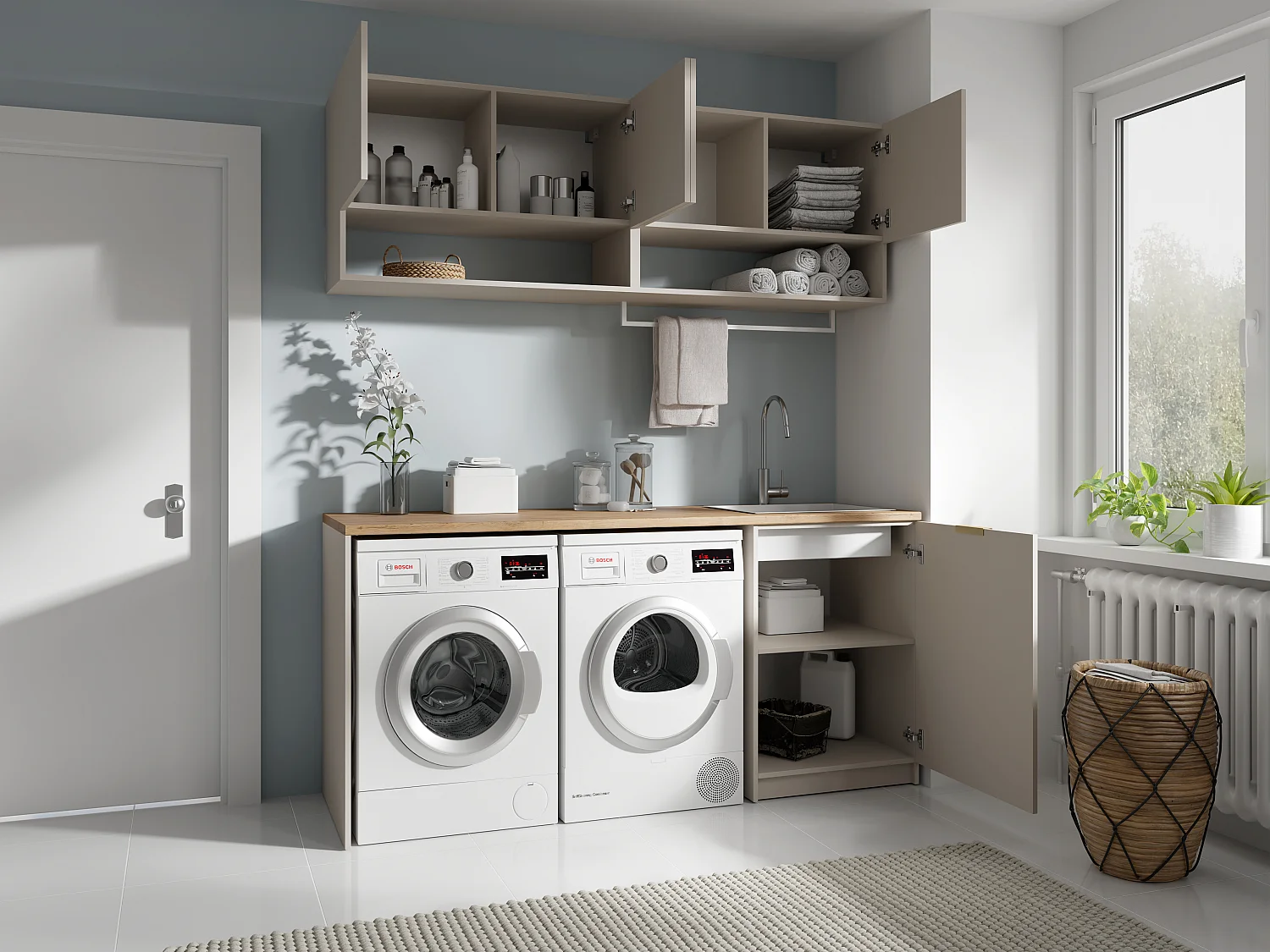 Meubles de buanderie pour machine à laver avec plan de travail - L182 cm -  Couleur beige et naturel clair - NATAJI