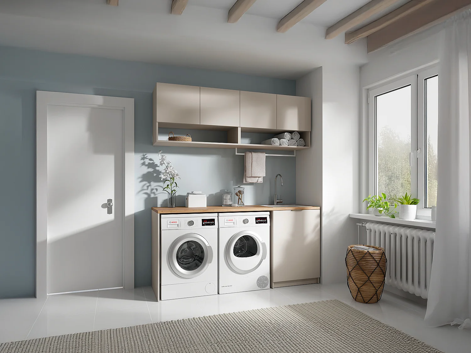 Meubles de buanderie pour machine à laver avec plan de travail - L182 cm -  Couleur beige et naturel clair - NATAJI