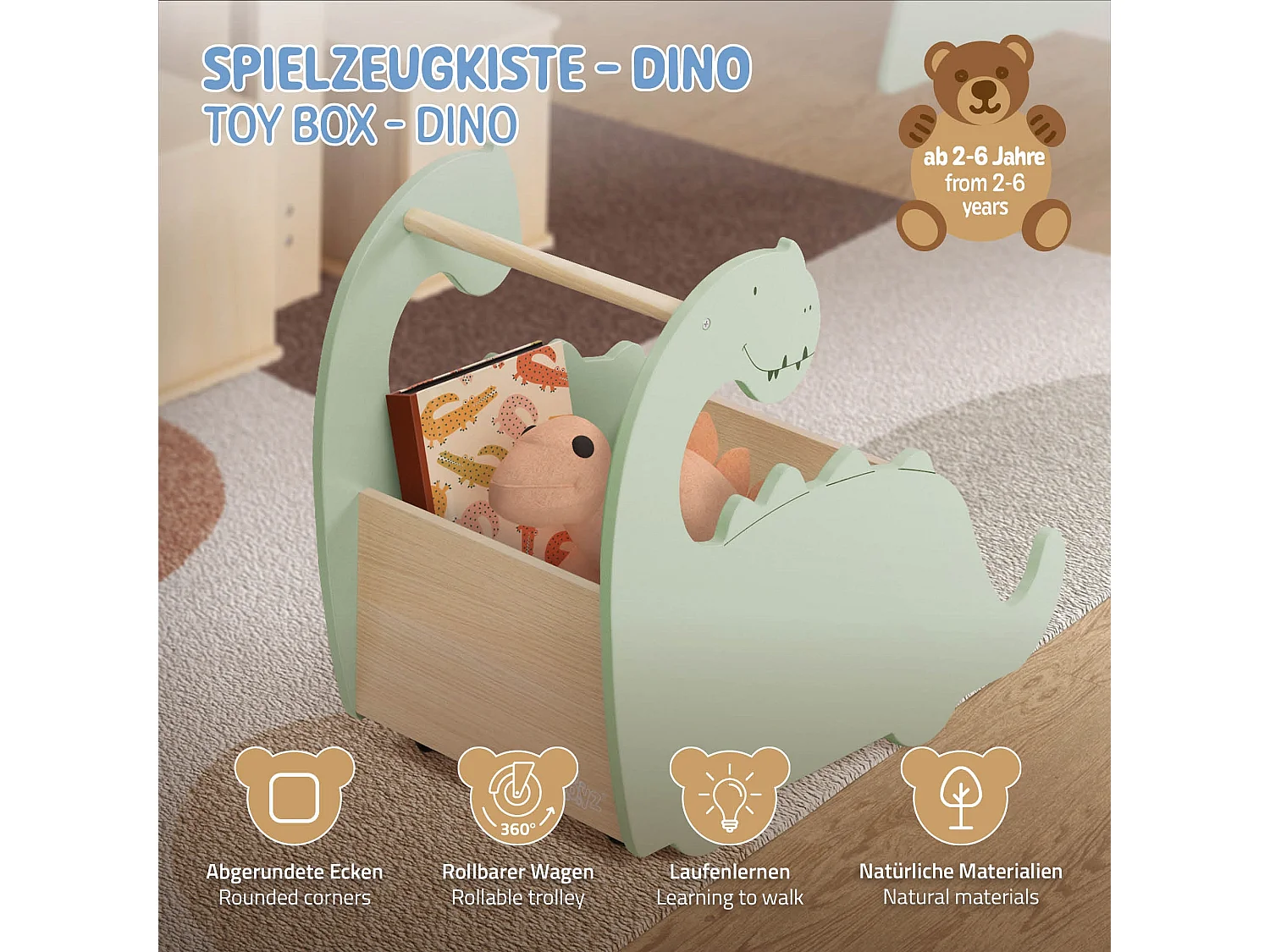 Scatola portagiochi per bambini design dino girello di legno con ruote libreria