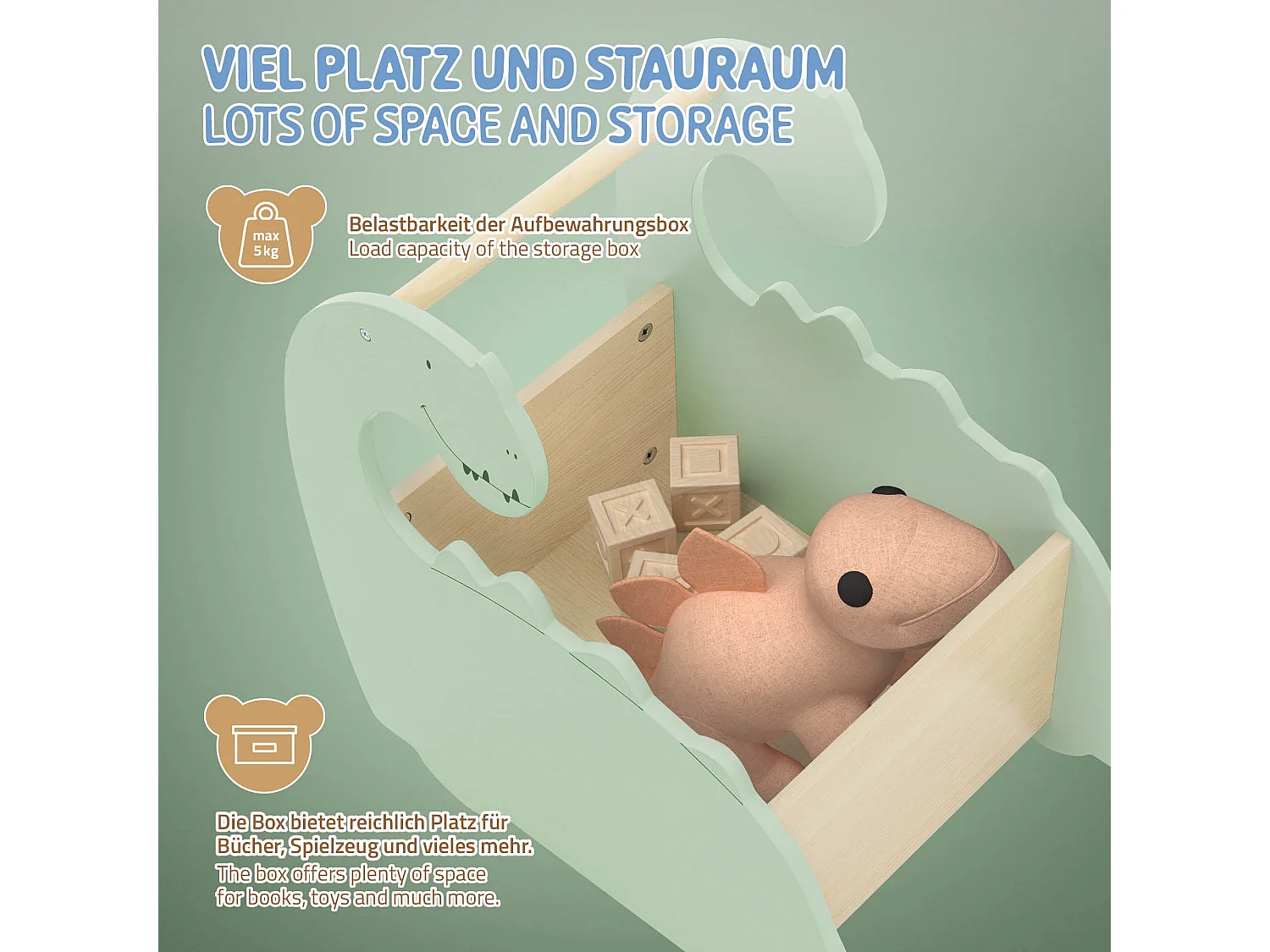 Scatola portagiochi per bambini design dino girello di legno con ruote libreria