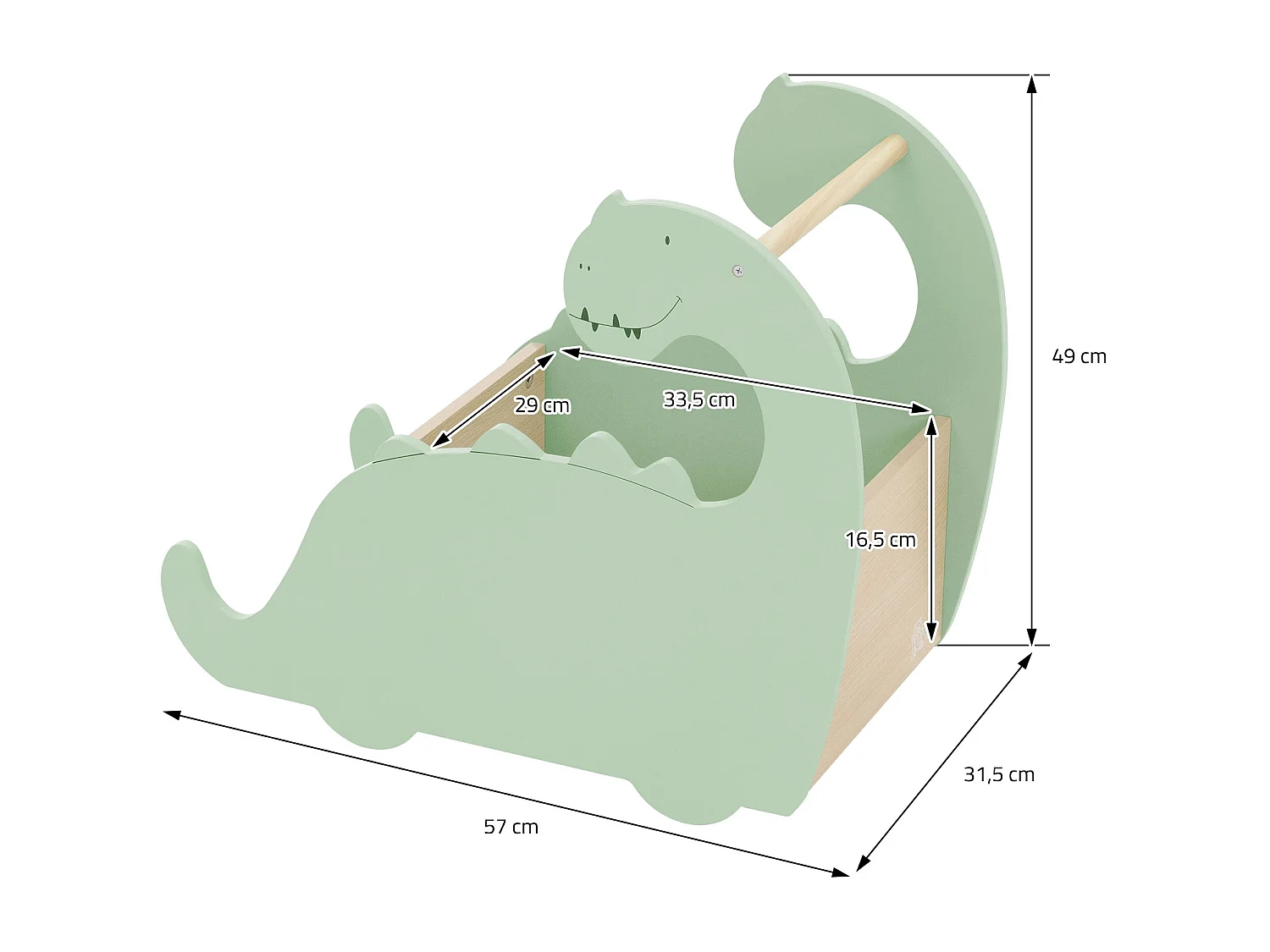 Scatola portagiochi per bambini design dino girello di legno con ruote libreria