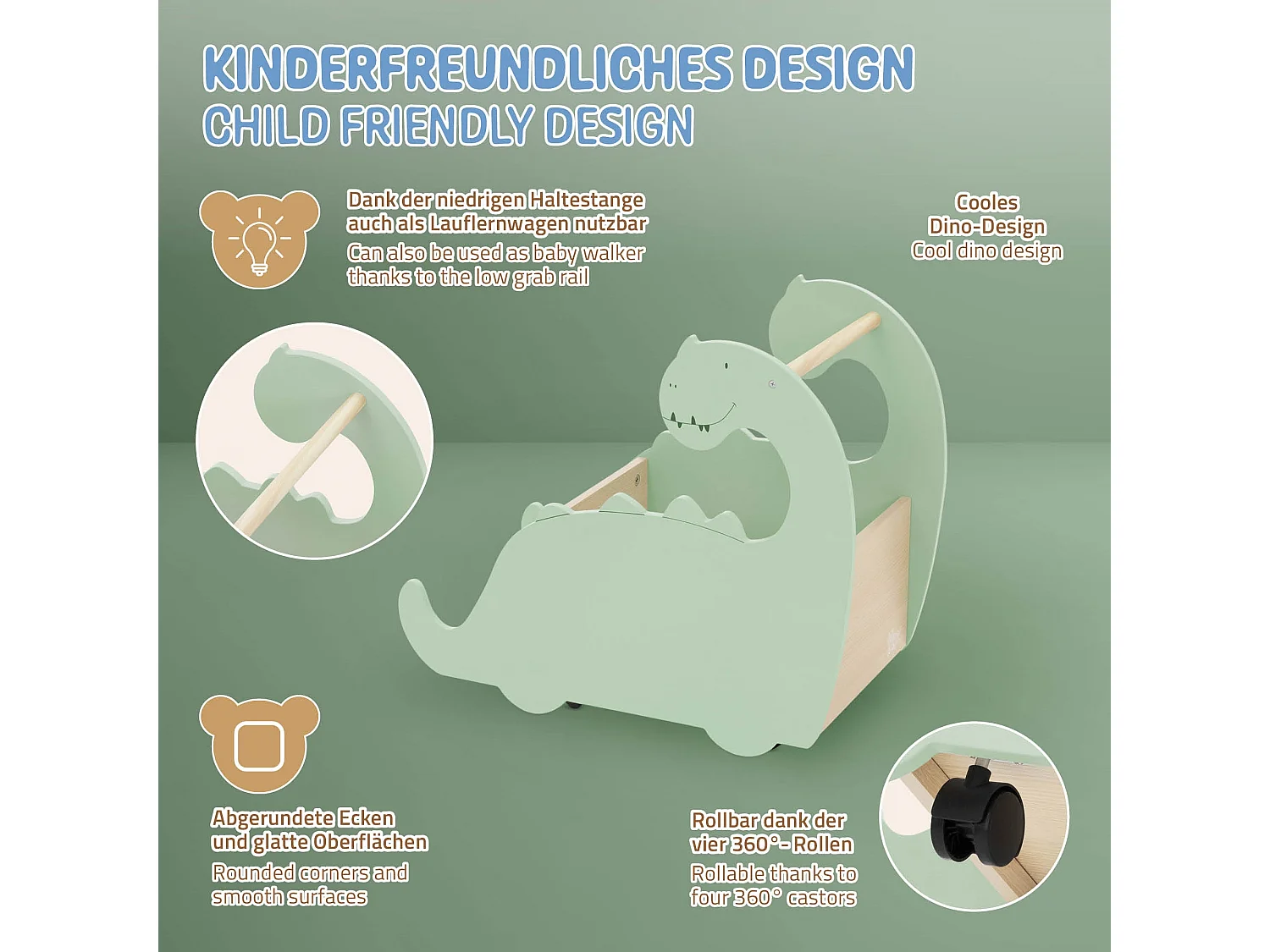 Juguetero infantil abierto diseño dino madera andador con ruedas caja juguetes