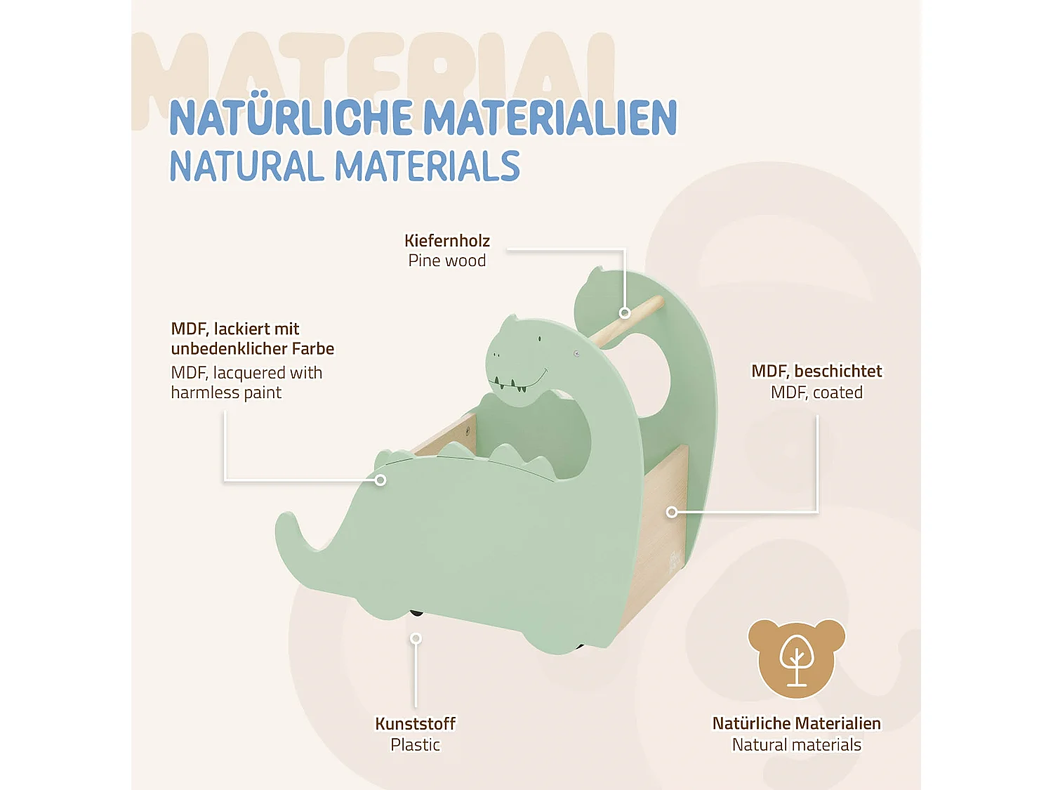 Juguetero infantil abierto diseño dino madera andador con ruedas caja juguetes