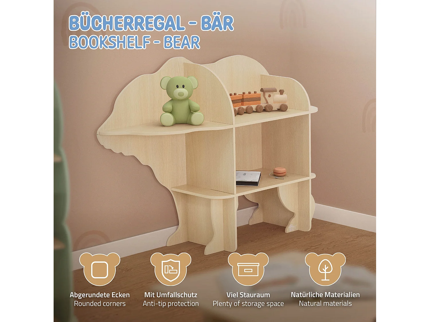 Joyz Bibliothèque murale pour chambre d'enfant en bois naturel meuble forme ours