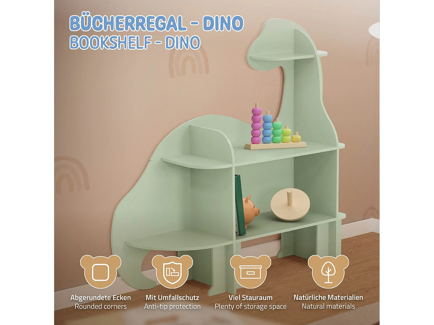 Estantería infantil con 3 baldas abierta y librería diseño dino caja de juguetes