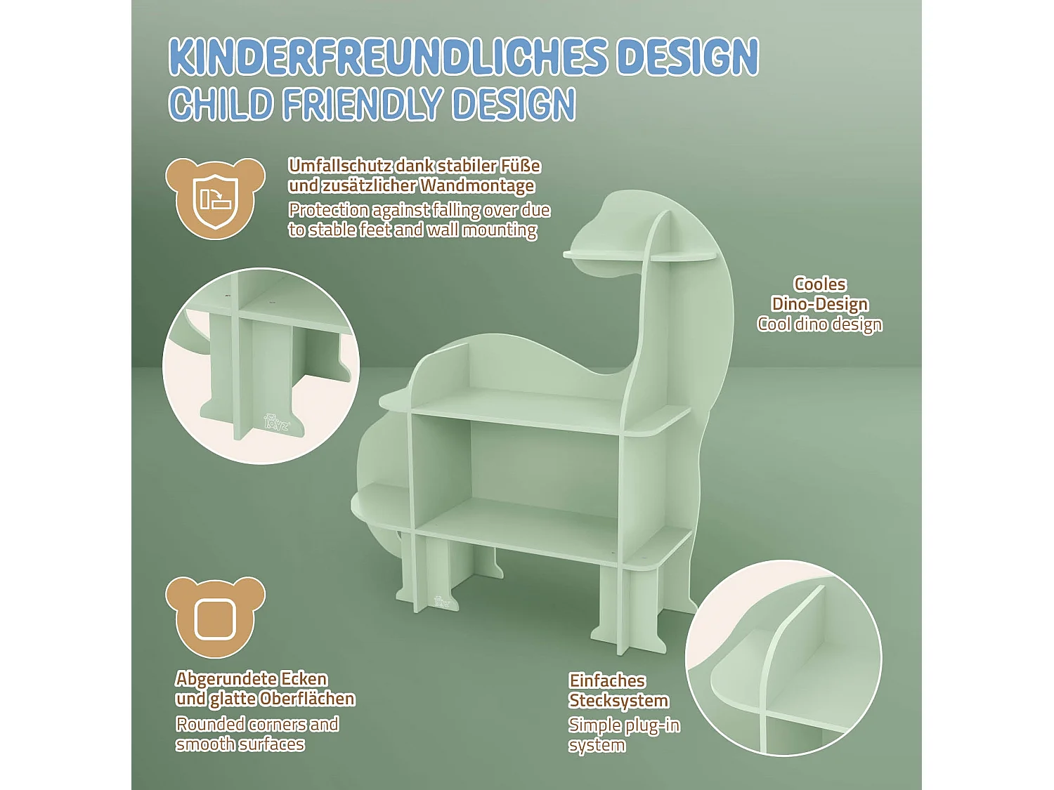 Estantería infantil con 3 baldas abierta y librería diseño dino caja de juguetes