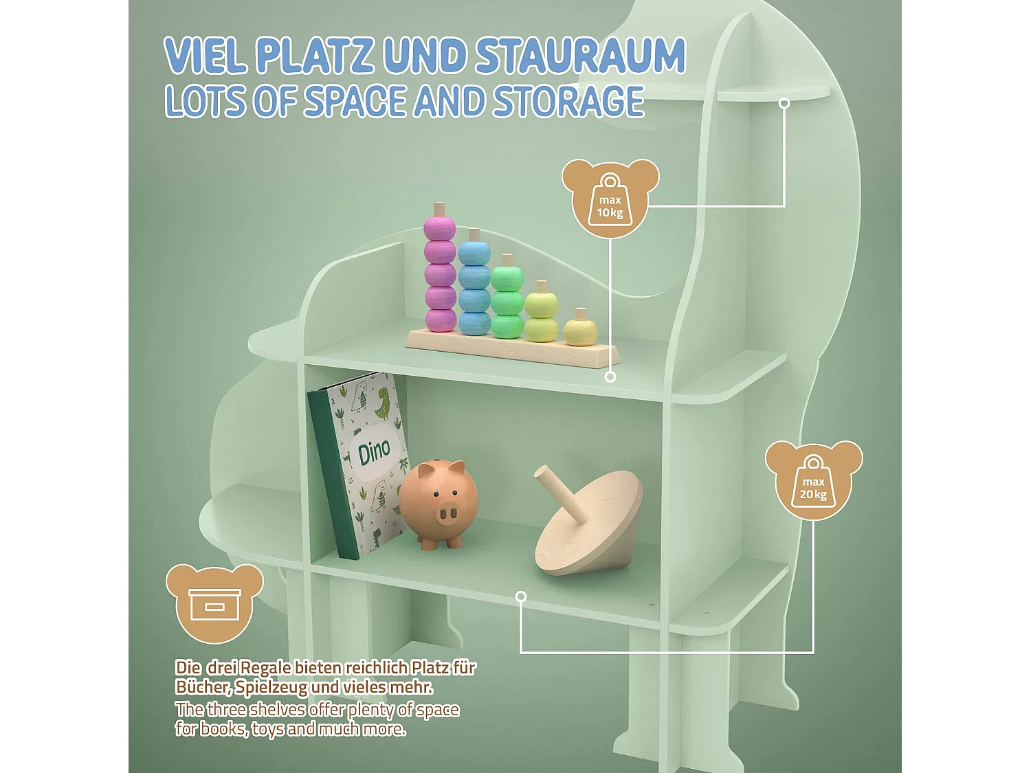 Joyz Étagère murale à livres pour enfants 3 niveaux meuble dinosaure rangement