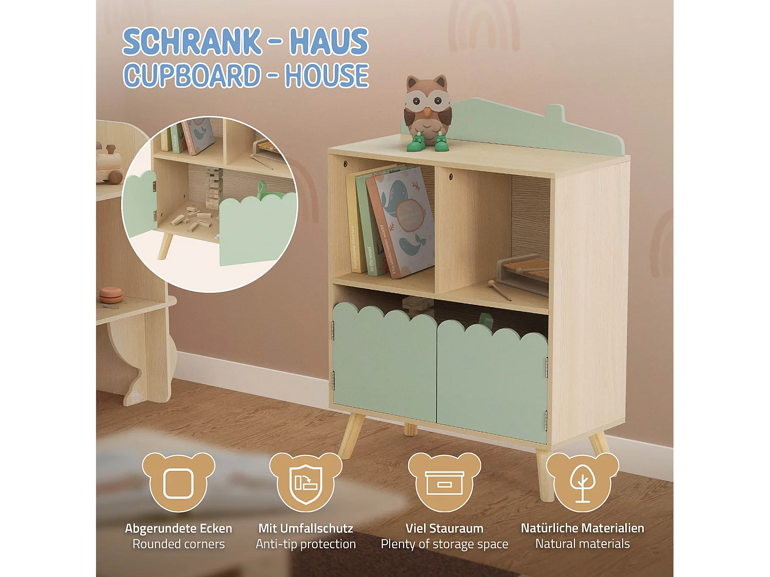 Scaffale per bambini 3 ripiani beige-verde libreria  dinosauro scatola 60x82 cm