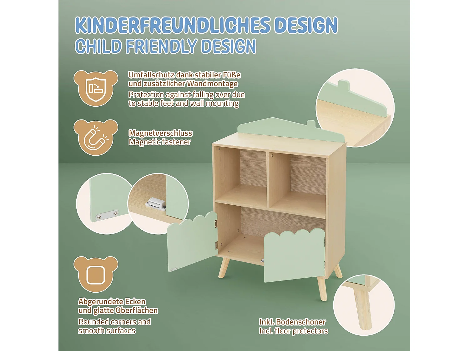 Scaffale per bambini 3 ripiani beige-verde libreria  dinosauro scatola 60x82 cm