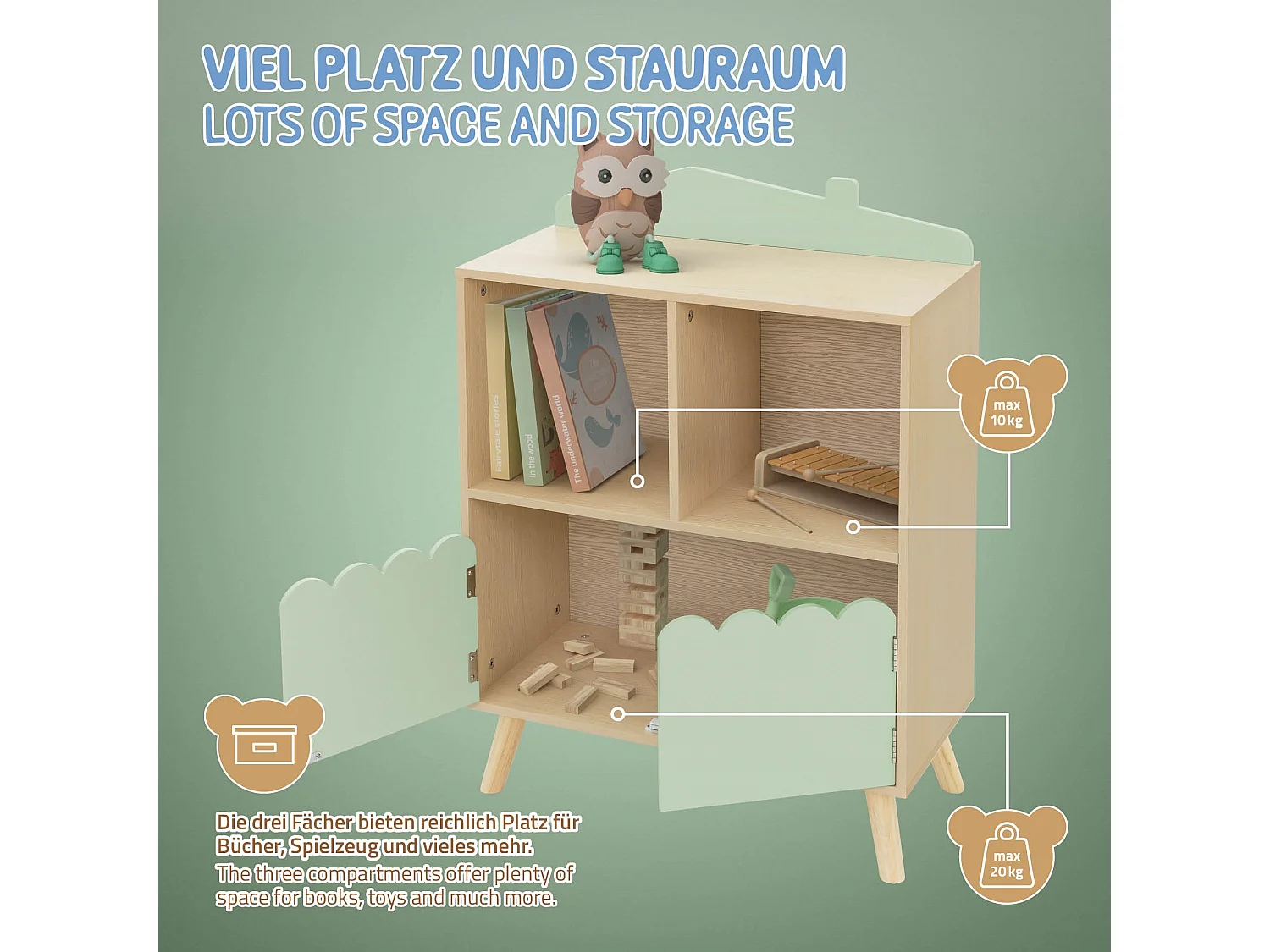 Scaffale per bambini 3 ripiani beige-verde libreria  dinosauro scatola 60x82 cm