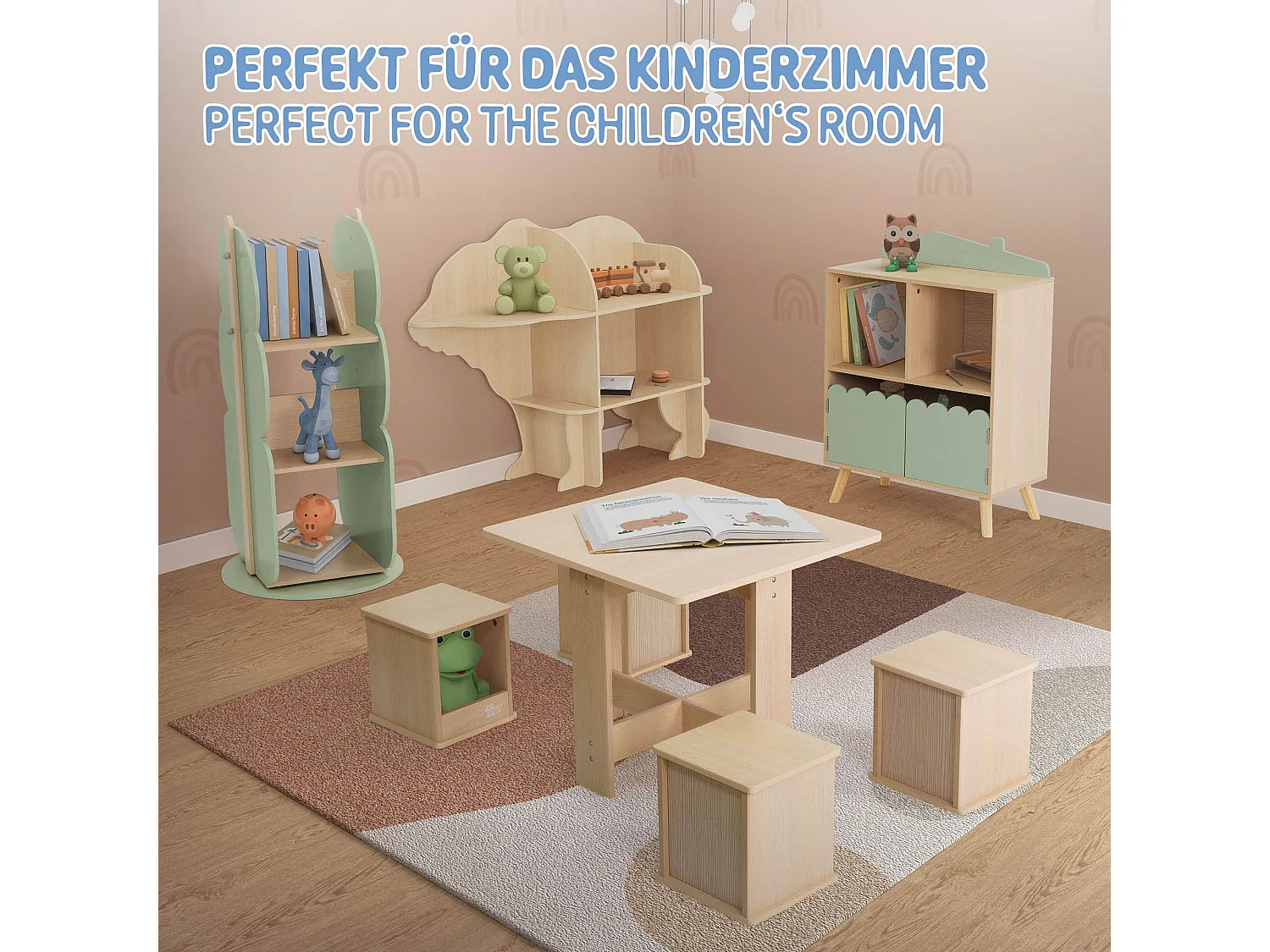 Scaffale per bambini 3 ripiani beige-verde libreria  dinosauro scatola 60x82 cm