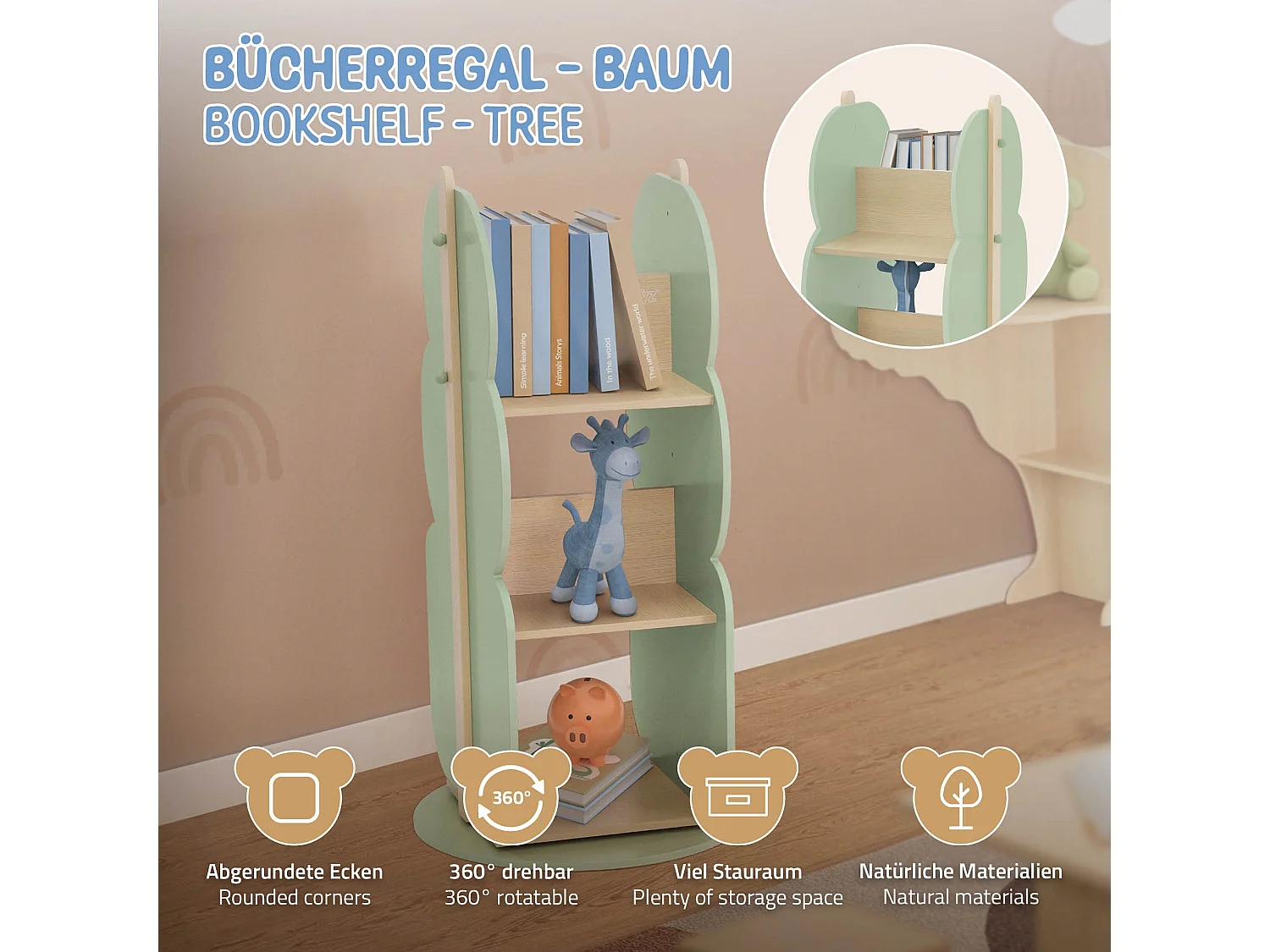 Estantería infantil de 2 caras diseño árbol mueble giratorio caja con 5 baldas