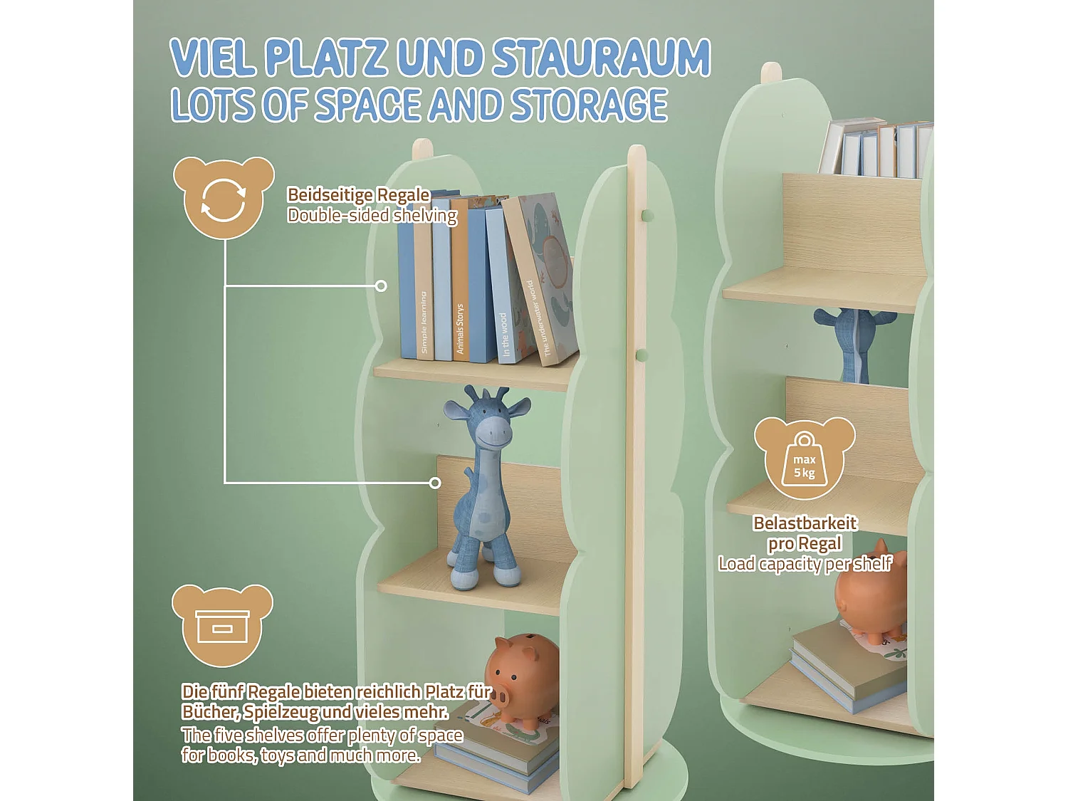 Estantería infantil de 2 caras diseño árbol mueble giratorio caja con 5 baldas