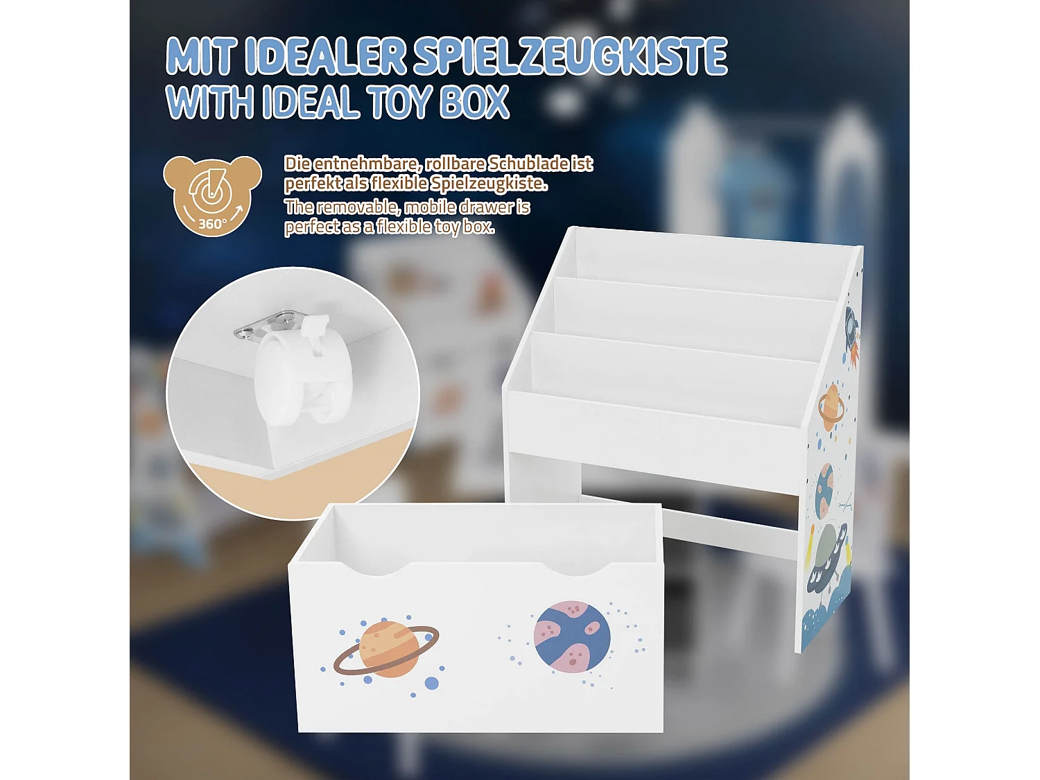 Joyz Banc de livres 3 compartiments sur roulettes étagère jouets chambre enfant