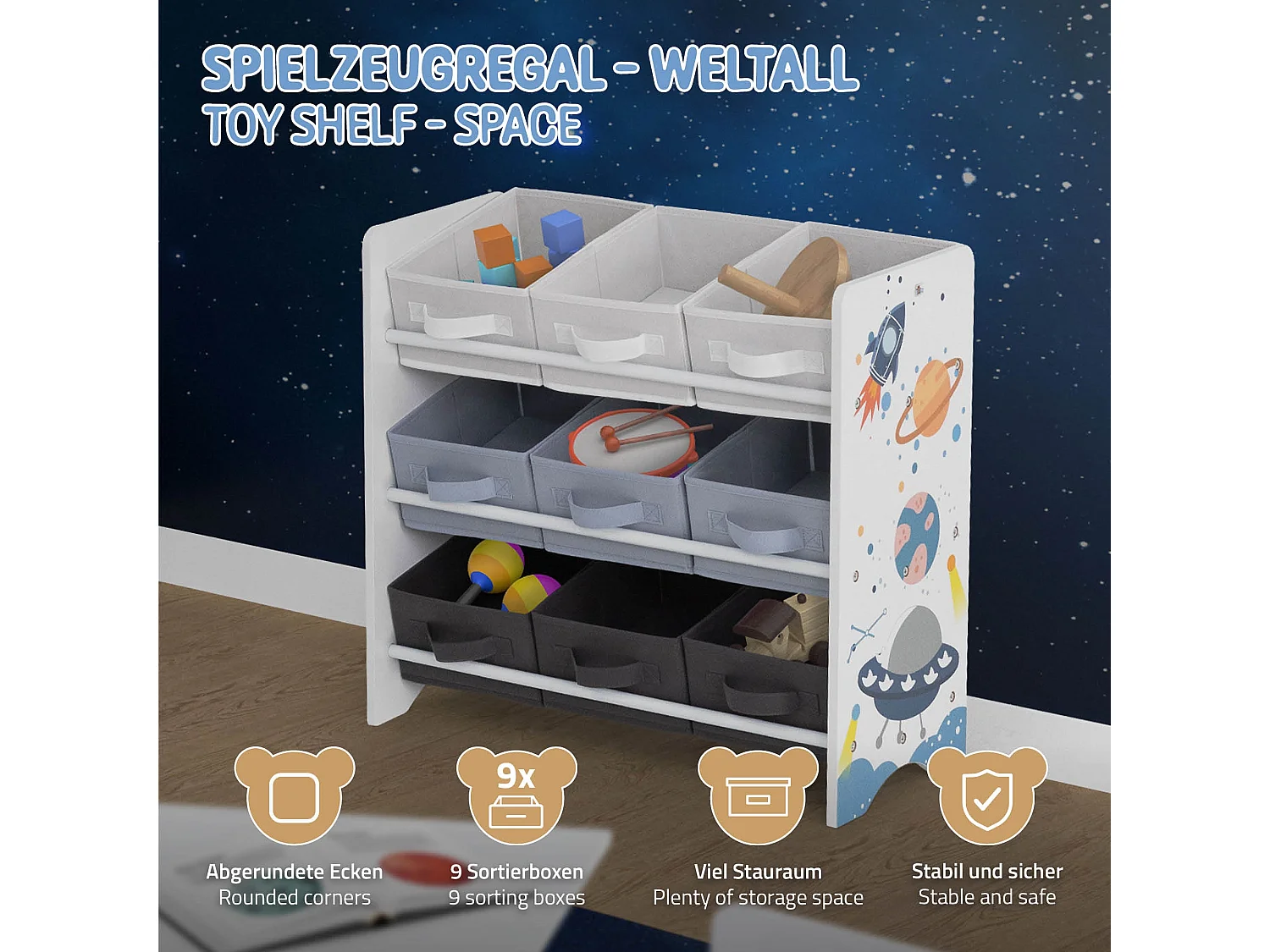 Joyz Estantería infantil blanca mueble con 3 compartimentos y 9 cajas extraíbles