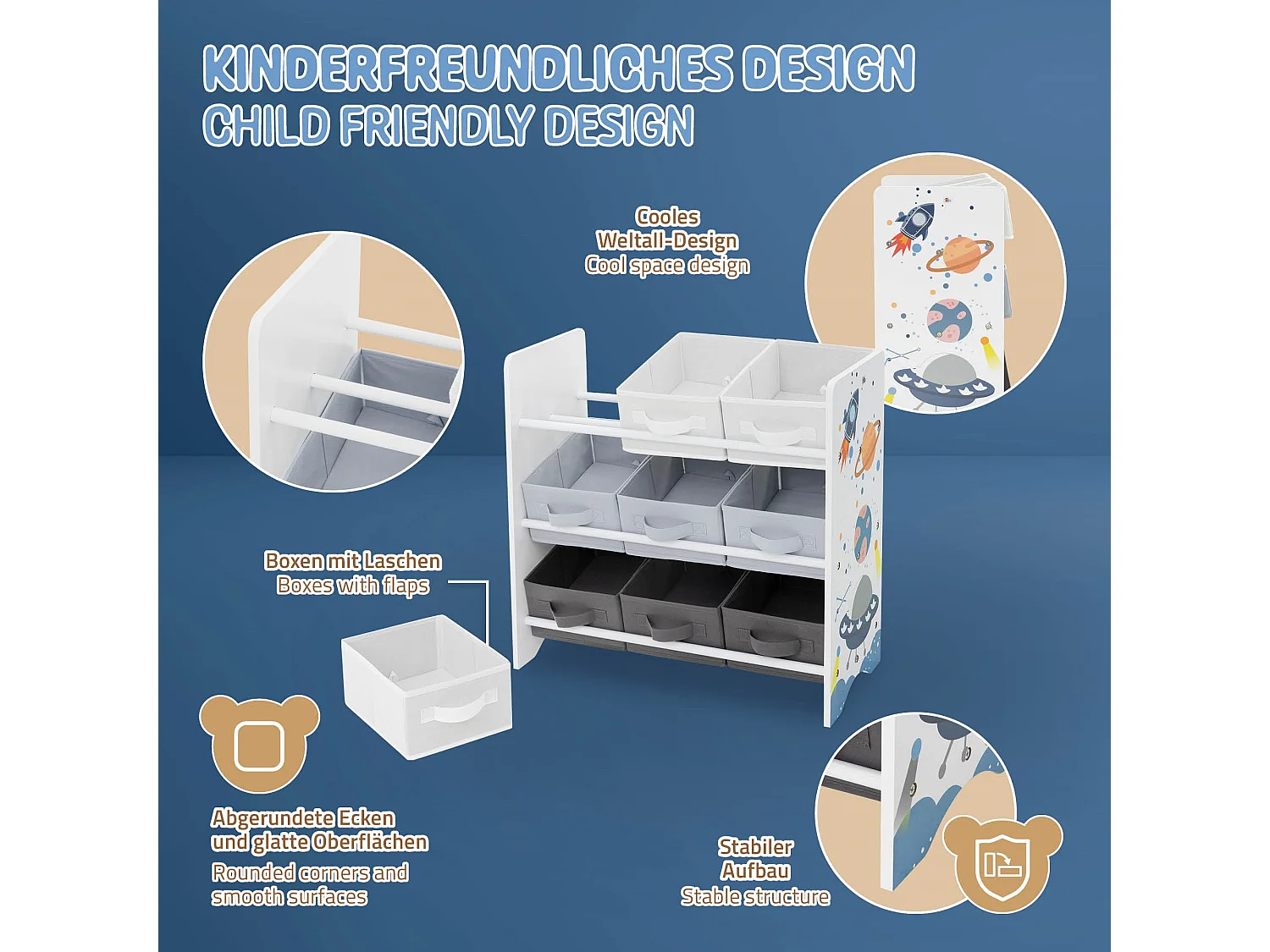 Joyz Estantería infantil blanca mueble con 3 compartimentos y 9 cajas extraíbles