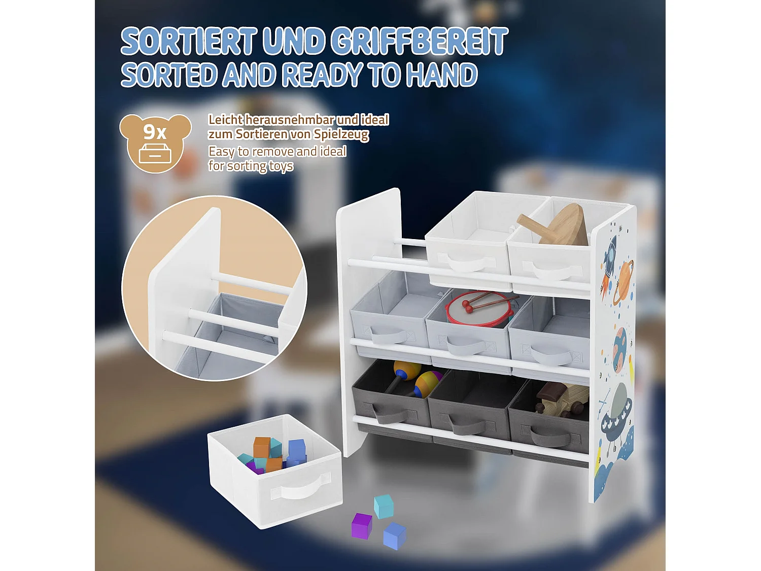 Joyz Estantería infantil blanca mueble con 3 compartimentos y 9 cajas extraíbles