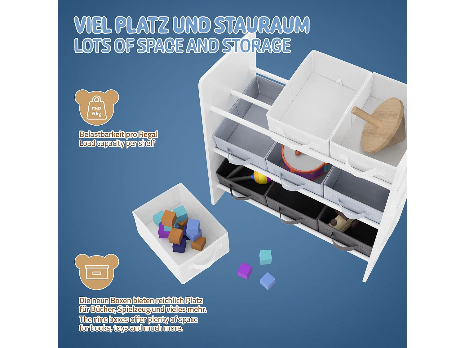 Joyz Estantería infantil blanca mueble con 3 compartimentos y 9 cajas extraíbles