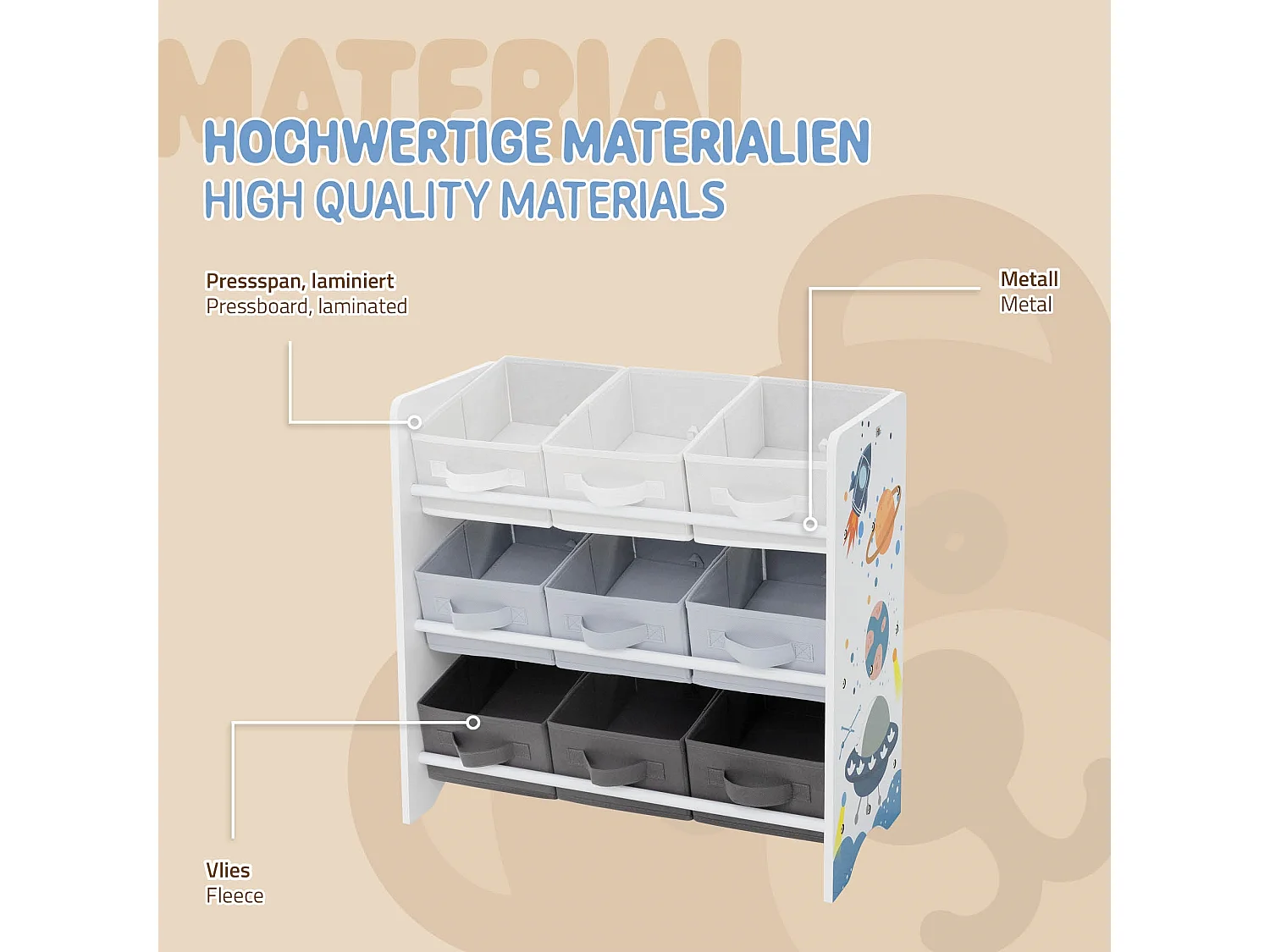 Joyz Estantería infantil blanca mueble con 3 compartimentos y 9 cajas extraíbles