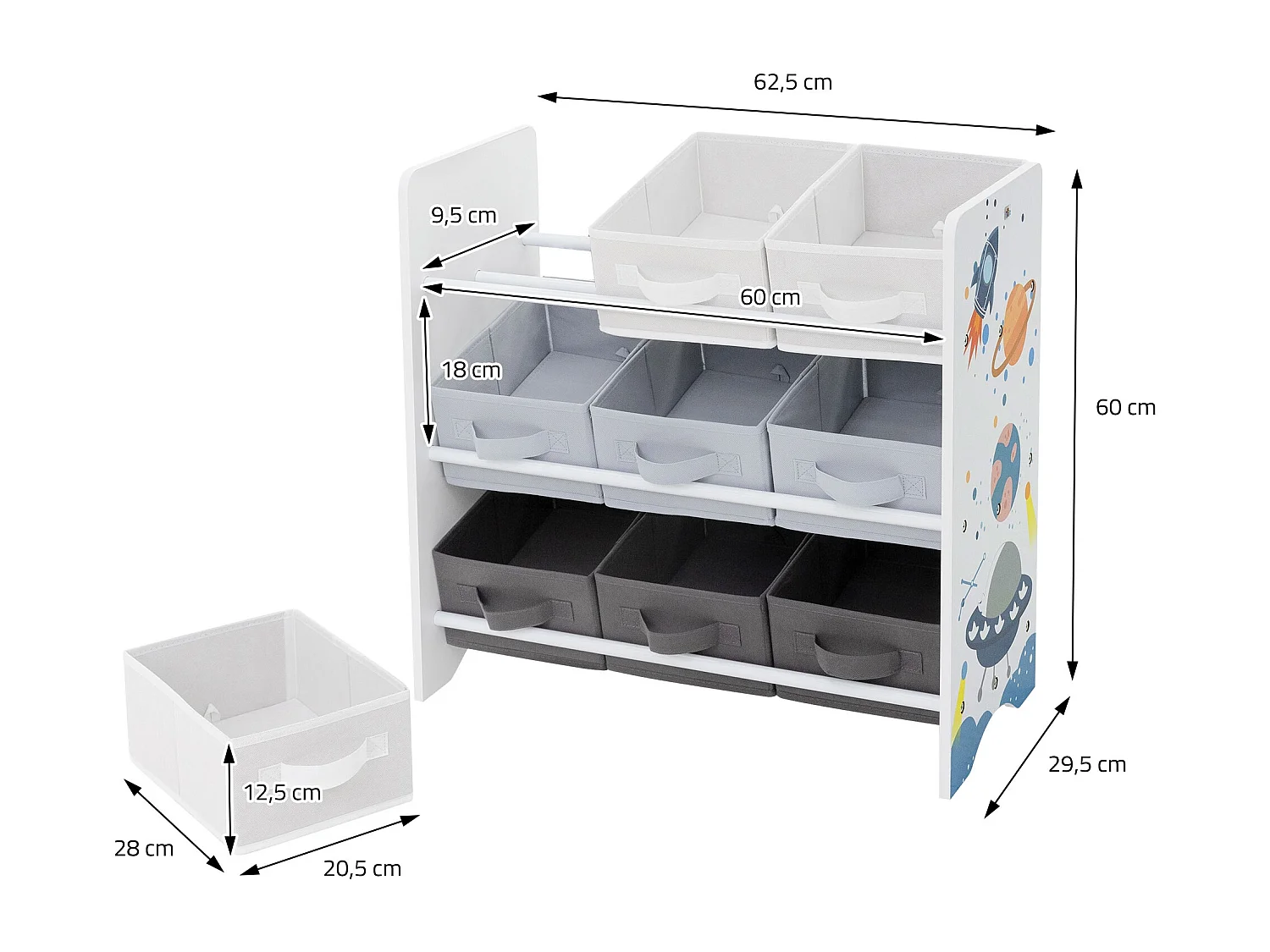 Joyz Estantería infantil blanca mueble con 3 compartimentos y 9 cajas extraíbles