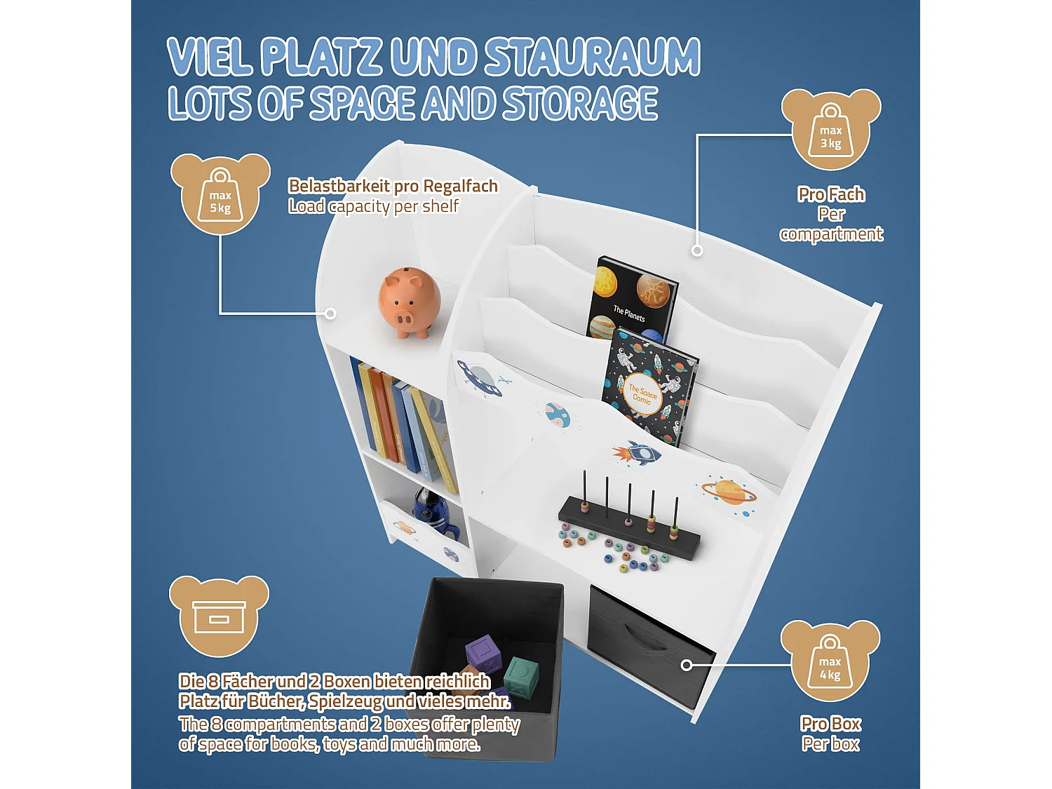 Joyz étagère pour enfants avec 8 compartiments de rangement + 2 boîtes amovibles