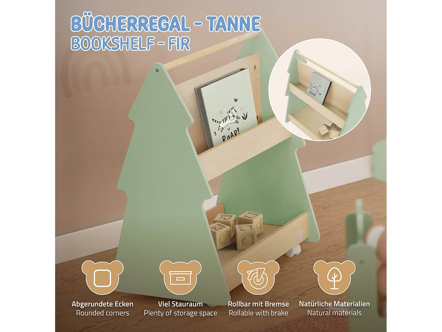 Libreria per bambini design abete cm beige-verde scaffale in legno con 3 ripiani