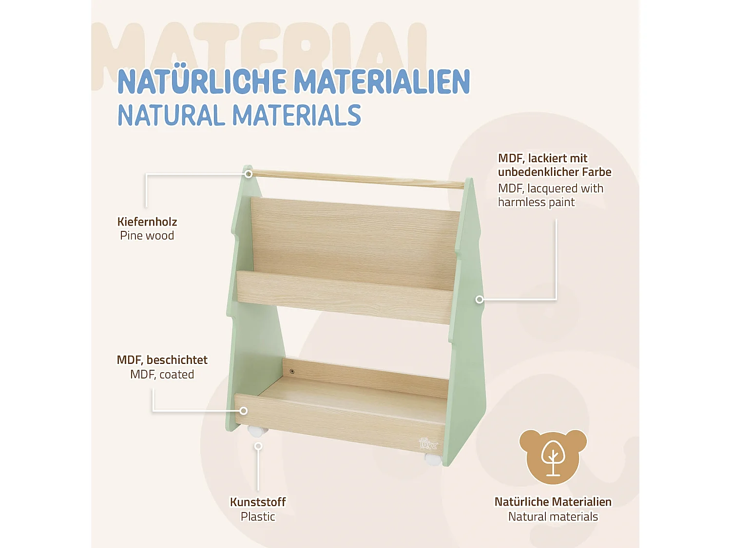 Libreria per bambini design abete cm beige-verde scaffale in legno con 3 ripiani