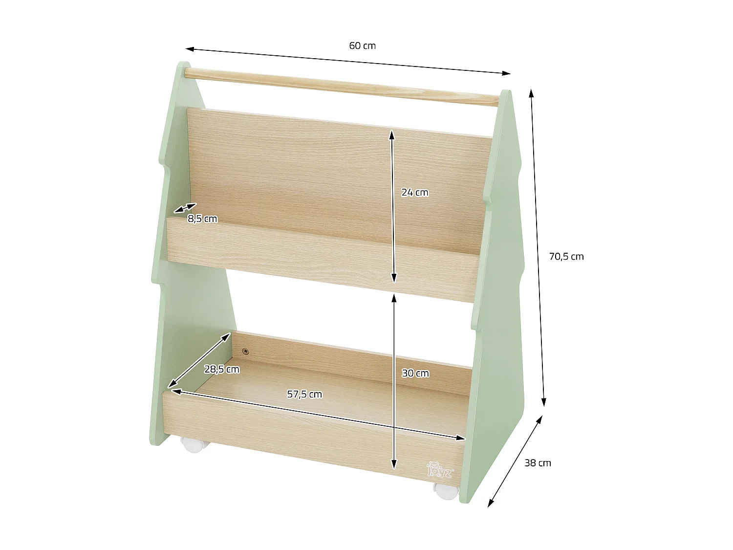 Libreria per bambini design abete cm beige-verde scaffale in legno con 3 ripiani