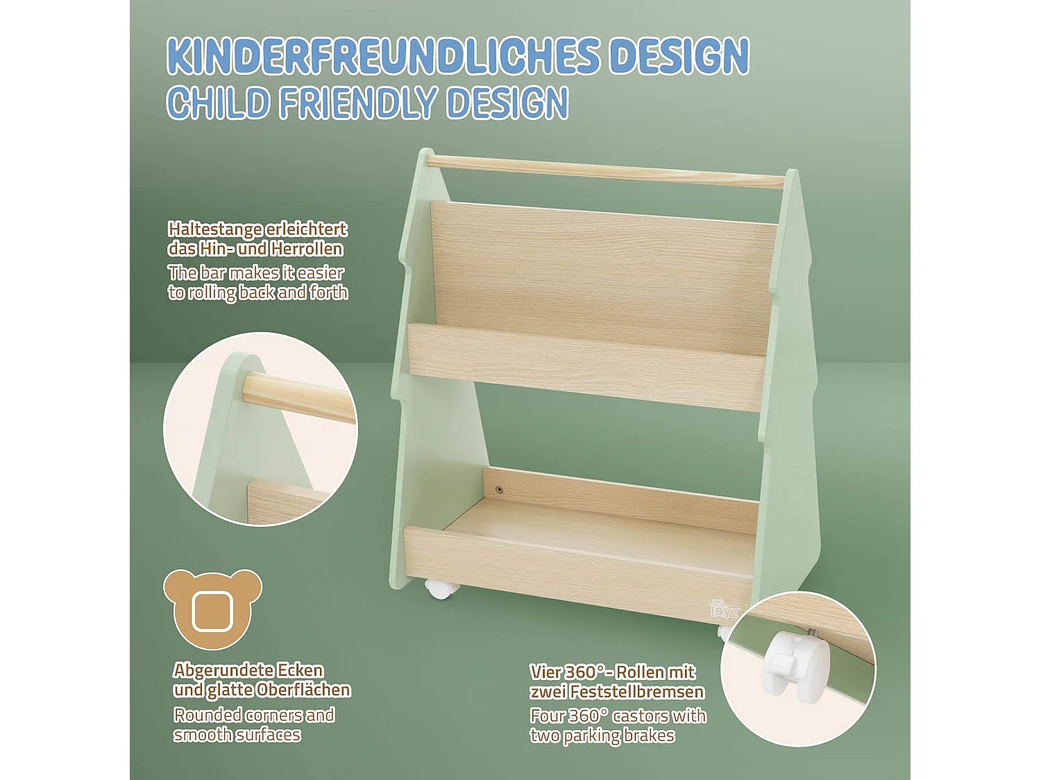 Libreria per bambini design abete cm beige-verde scaffale in legno con 3 ripiani
