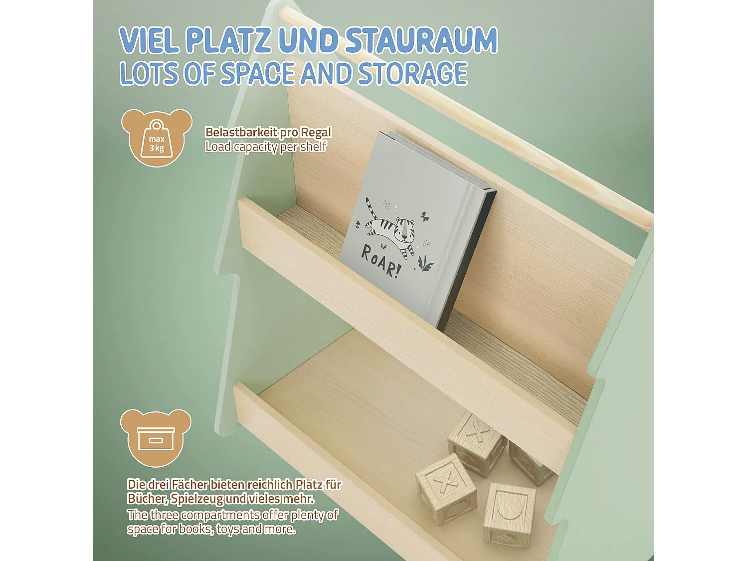 Libreria per bambini design abete cm beige-verde scaffale in legno con 3 ripiani