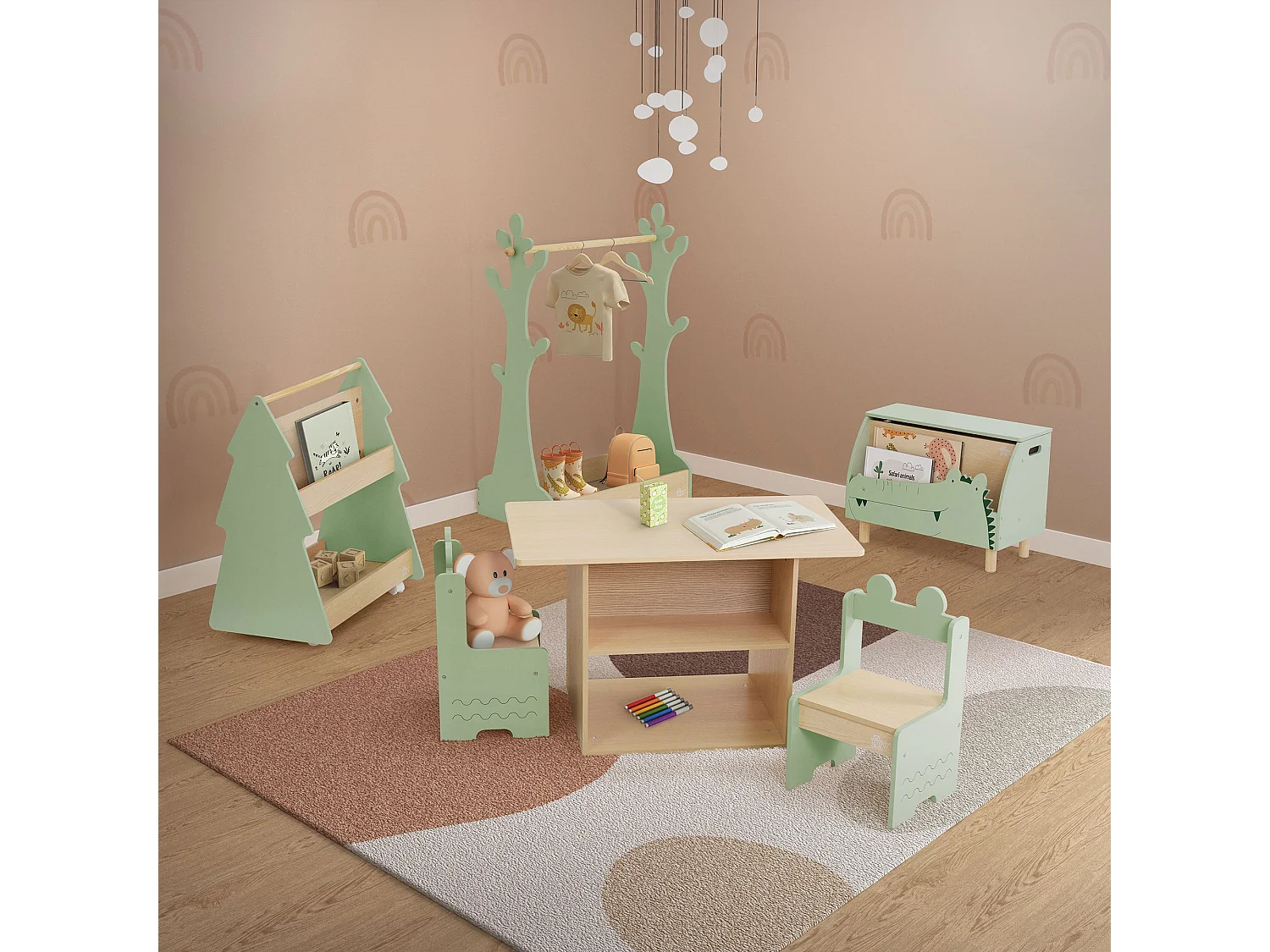 Libreria per bambini design abete cm beige-verde scaffale in legno con 3 ripiani