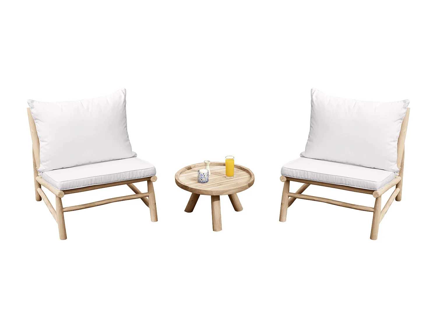 Salon de jardin en teck : 2 fauteuils et une table basse ronde - Naturel clair et blanc - TULUM de MYLIA