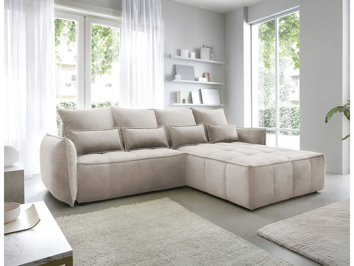 Canapé d’angle tissu effet cuir Kampus – Convertible et rangement-Couleur Beige-angle droit