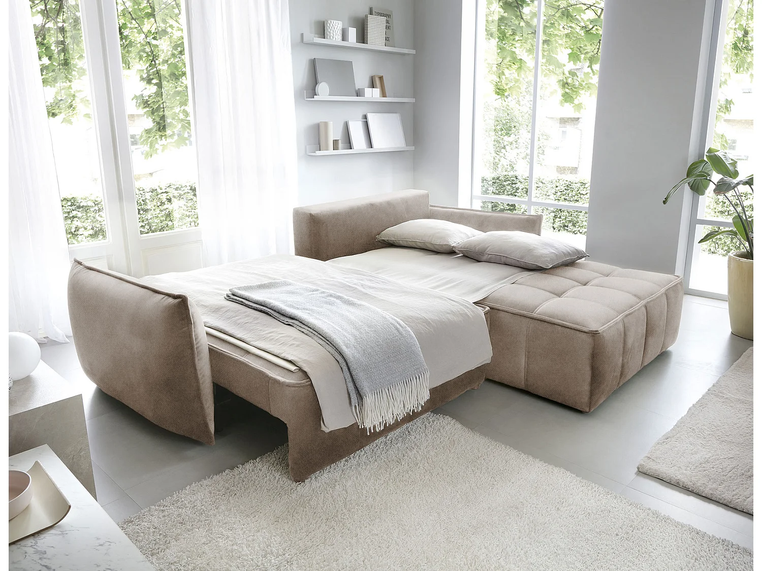 Canapé d’angle tissu effet cuir Kampus – Convertible et rangement-Couleur Beige-angle droit