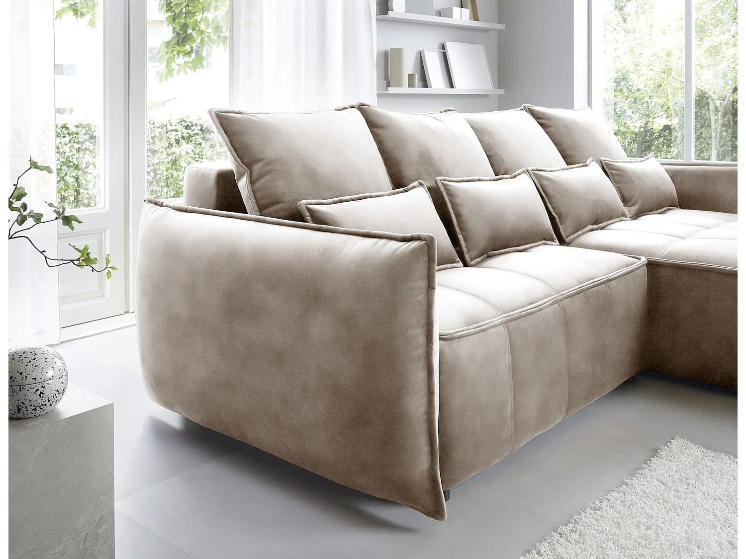 Canapé d’angle tissu effet cuir Kampus – Convertible et rangement-Couleur Beige-angle droit