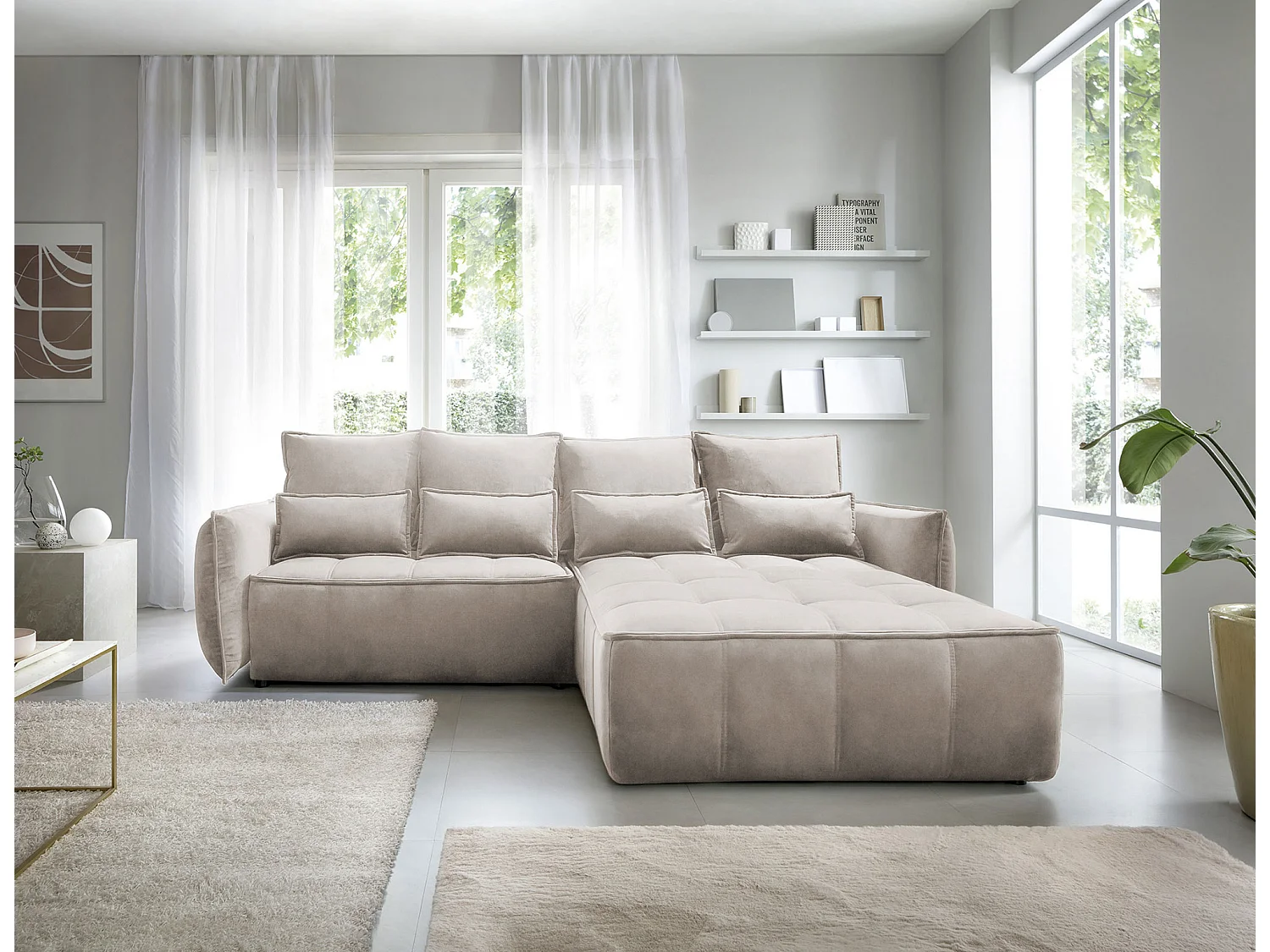 Canapé d’angle tissu effet cuir Kampus – Convertible et rangement-Couleur Beige-angle droit