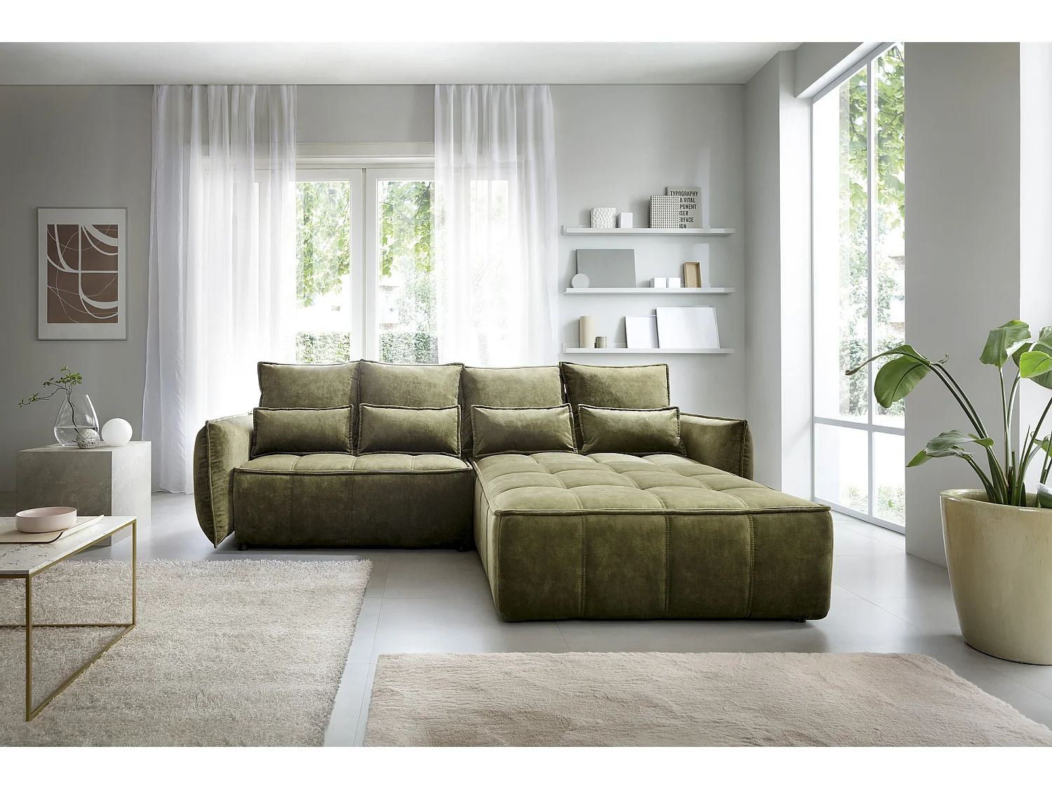 Divano d'angolo Lopez R/Tessuto/Verde