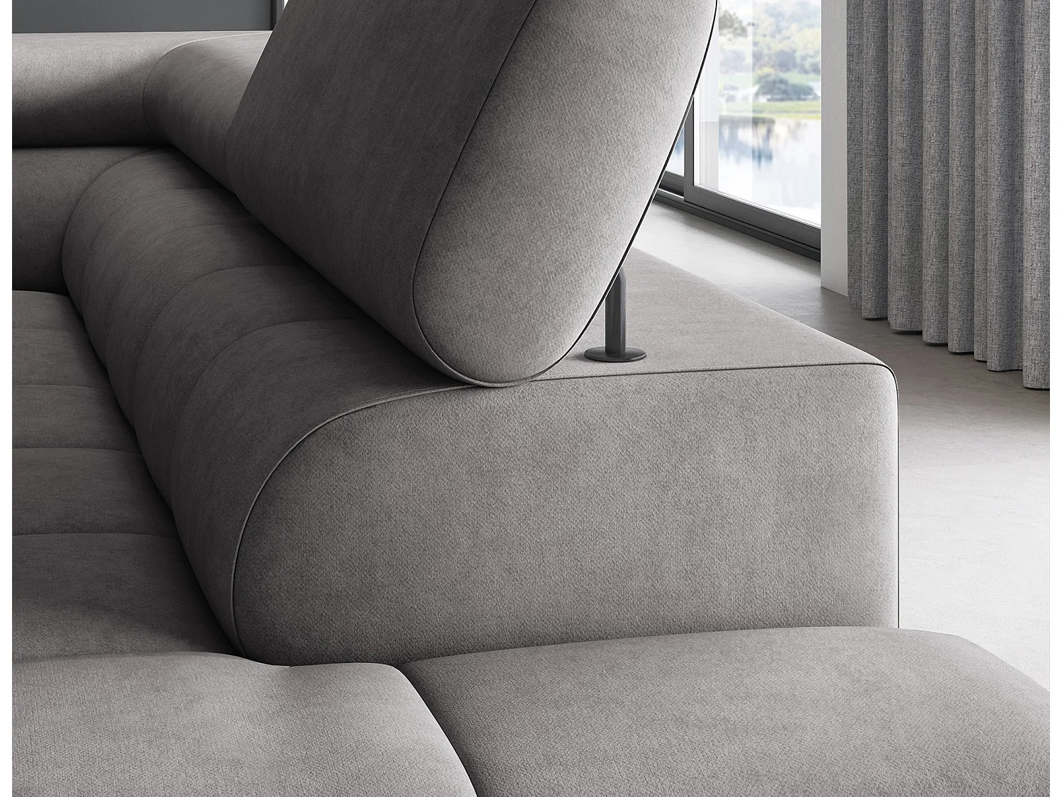 Canapé d’angle velours capitonné Luccino – Convertible et coffre-Couleur Gris foncé-angle droit