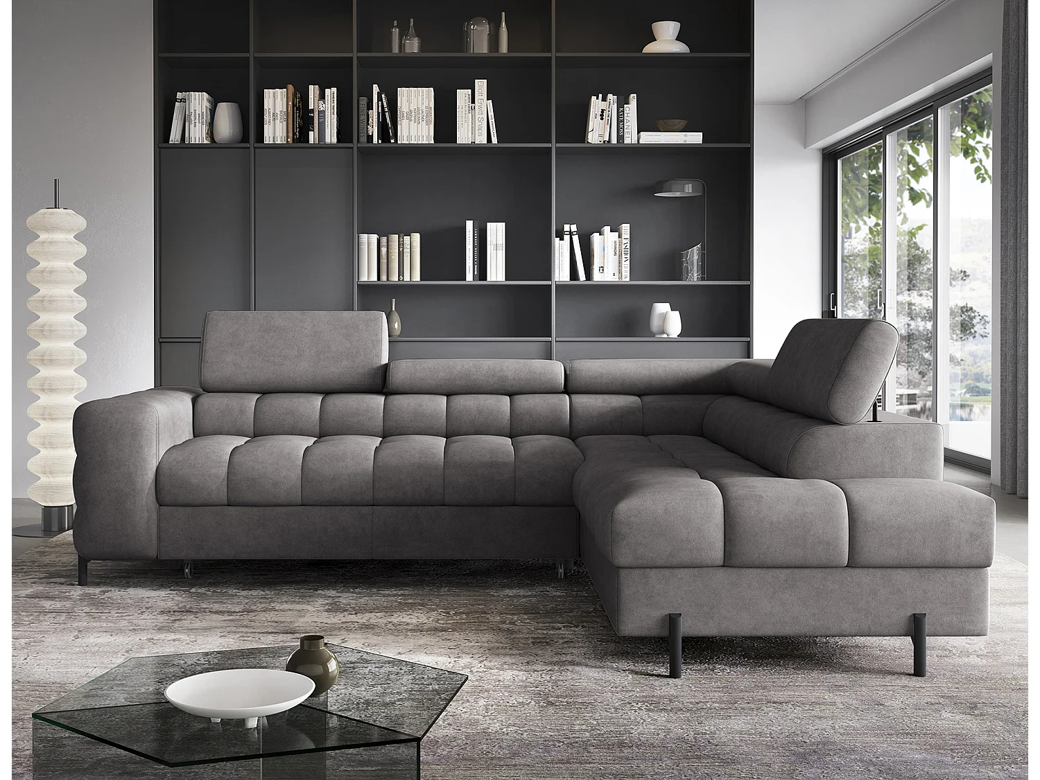 Canapé d’angle velours capitonné Luccino – Convertible et coffre-Couleur Gris foncé-angle droit