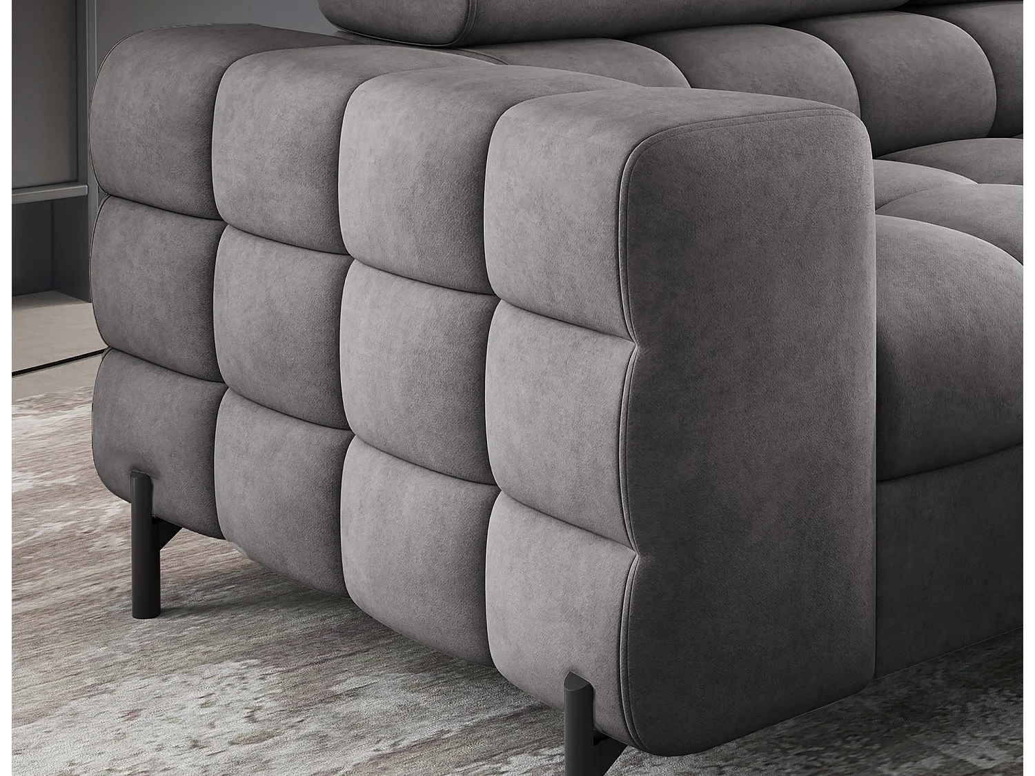 Canapé d’angle velours capitonné Luccino – Convertible et coffre-Couleur Gris foncé-angle droit