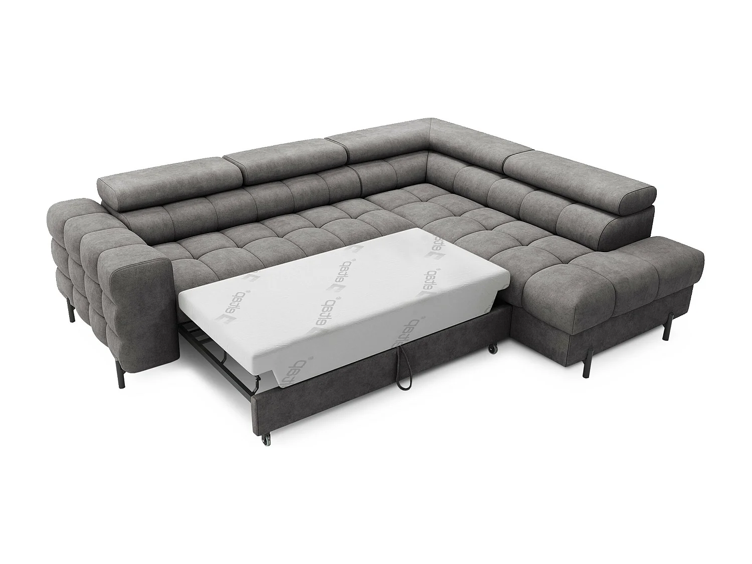 Canapé d’angle velours capitonné Luccino – Convertible et coffre-Couleur Gris foncé-angle droit