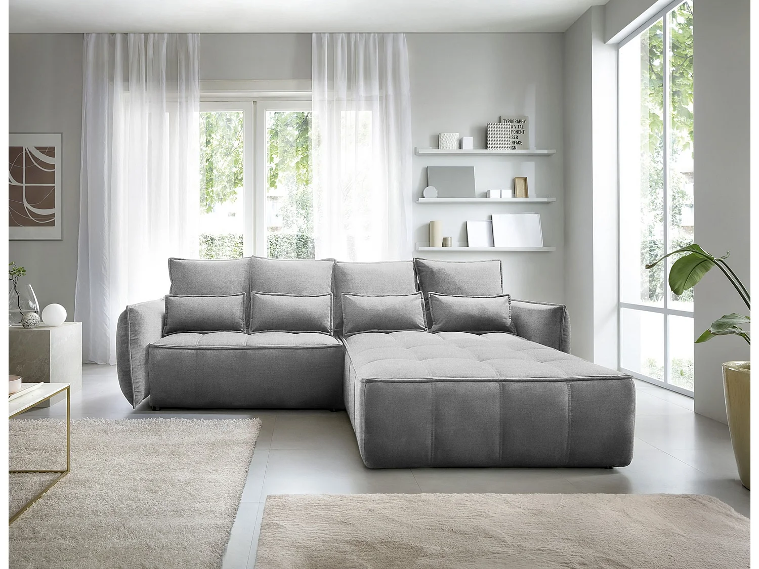 Canapé d’angle tissu effet cuir Kampus – Convertible et rangement-Couleur Gris-angle droit