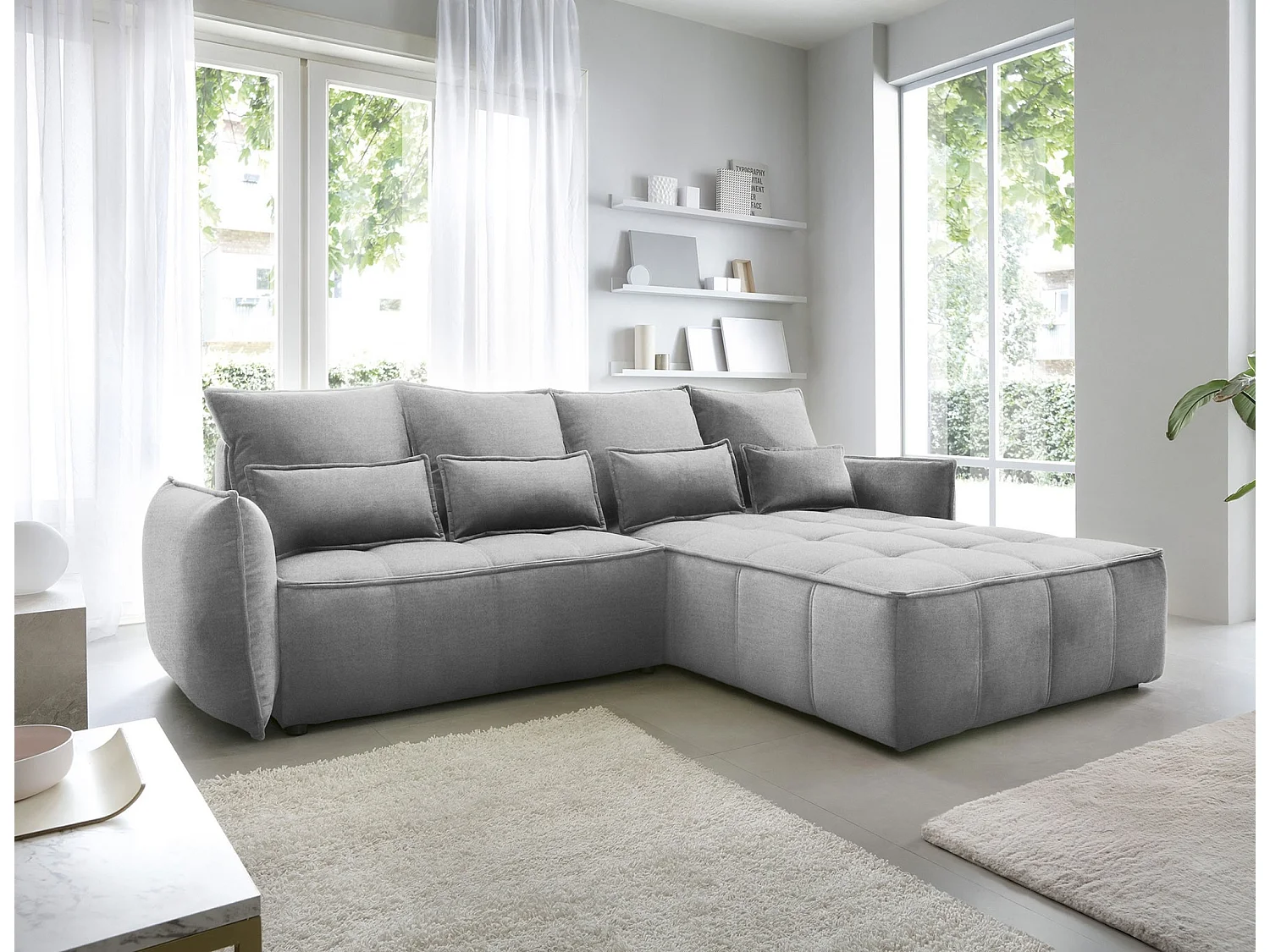 Canapé d’angle tissu effet cuir Kampus – Convertible et rangement-Couleur Gris-angle droit